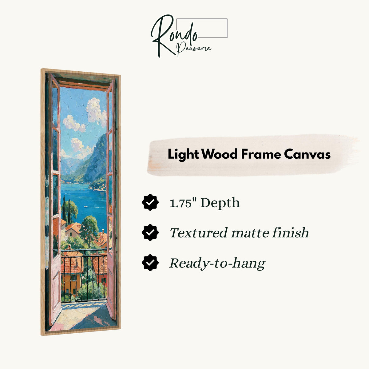 Italian lake view from an open balcony door canvas print in a light wood floating frame