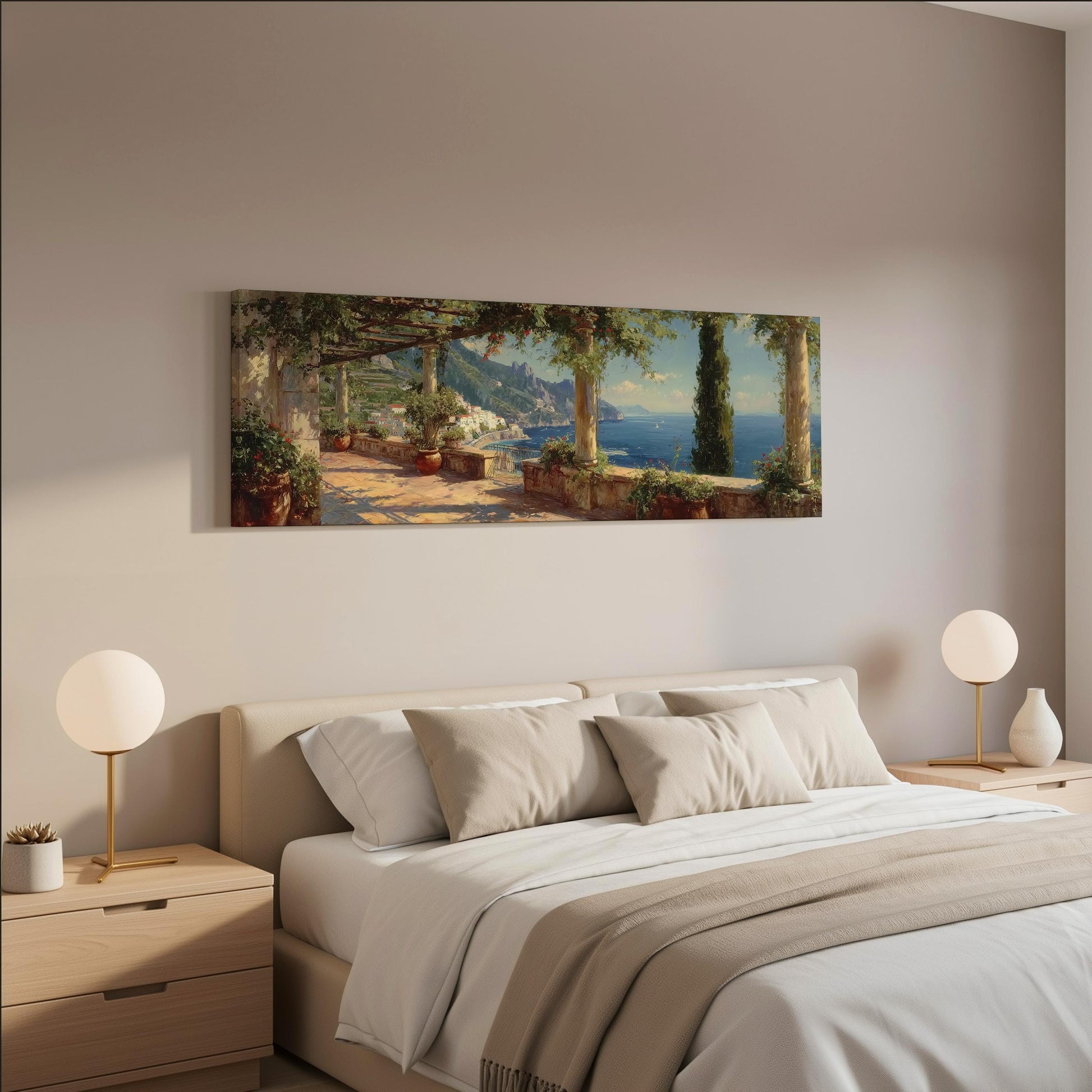 a serene bedroom scene with a large painting of a coastal landscape hanging on the wall above a bed with white bedding and beige pillows.