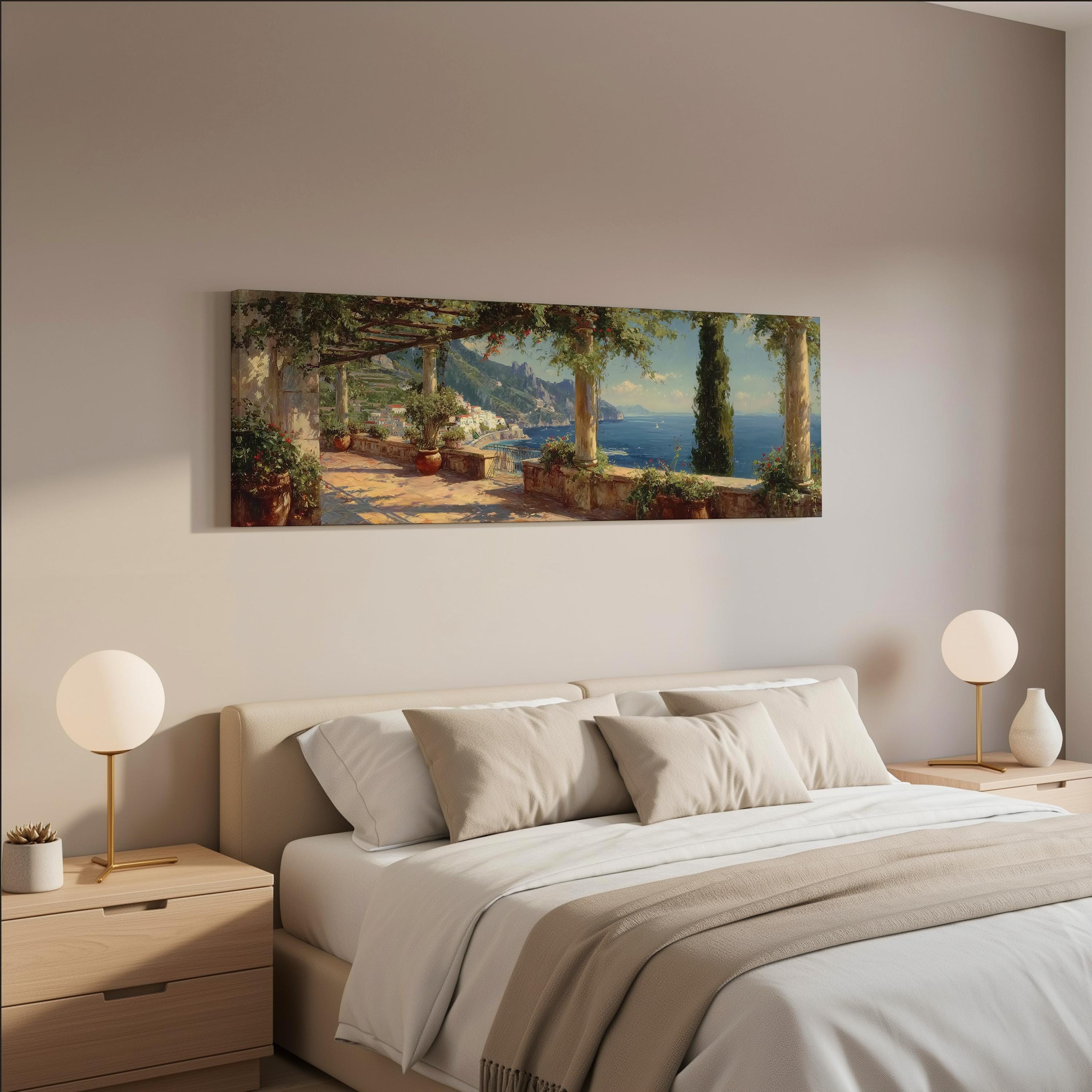 a serene bedroom scene with a large painting of a coastal landscape hanging on the wall above a bed with white bedding and beige pillows.