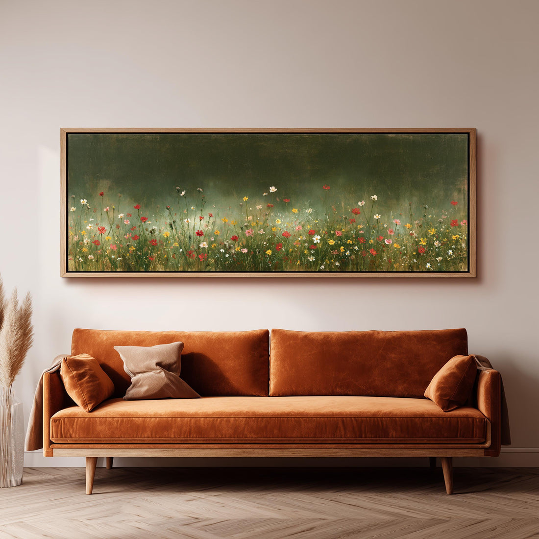 Poppy meadow at twilight long horizontal canvas print above a sofa in a living room