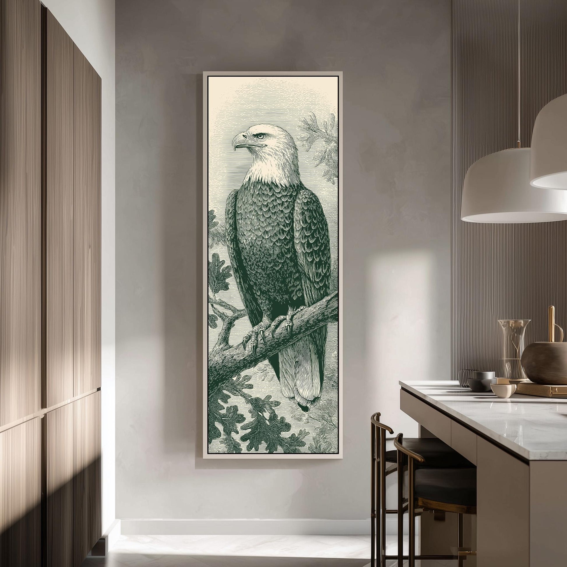 a large framed picture of a bald eagle perched on a branch, hanging on the wall of a modern kitchen.