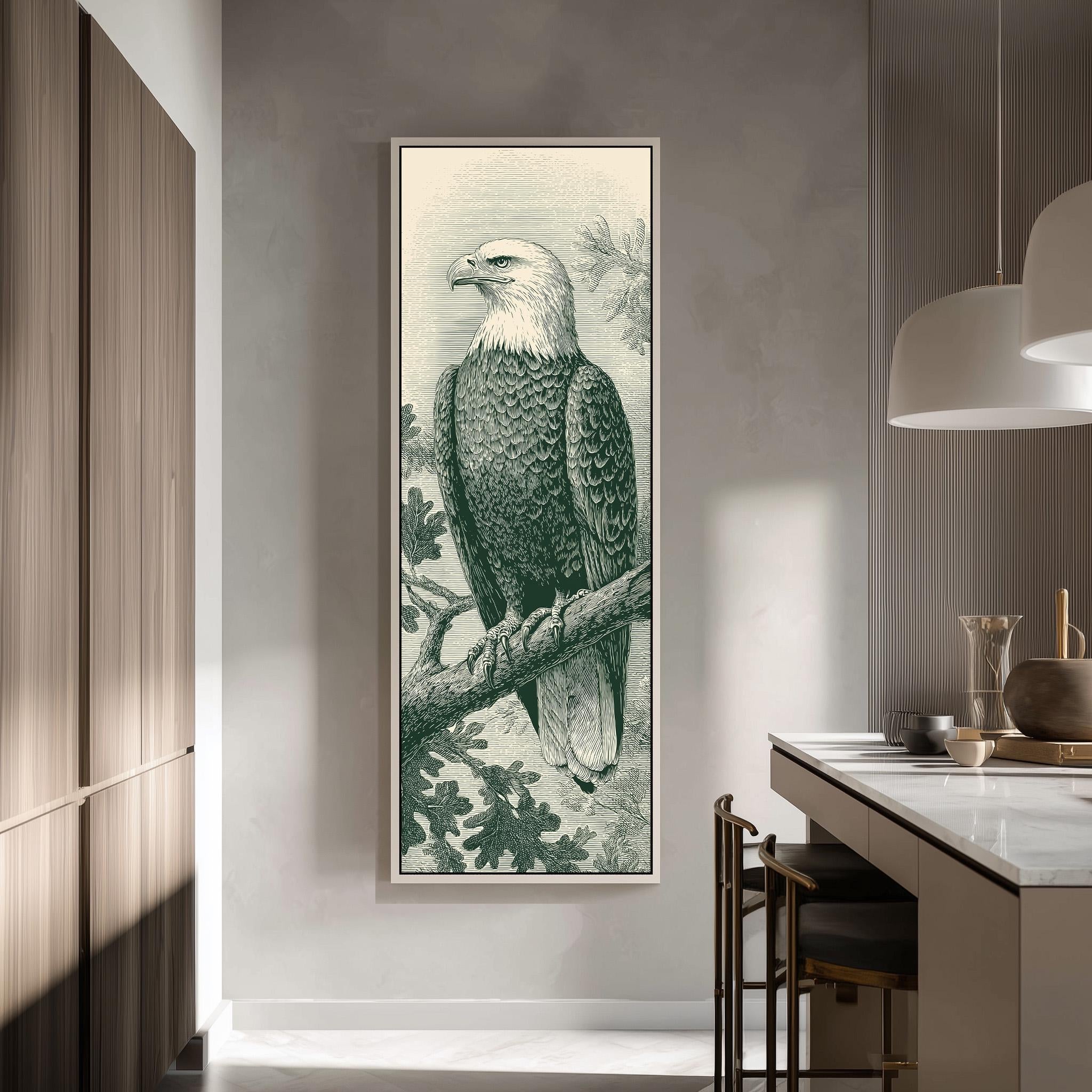 a large framed picture of a bald eagle perched on a branch, hanging on the wall of a modern kitchen.