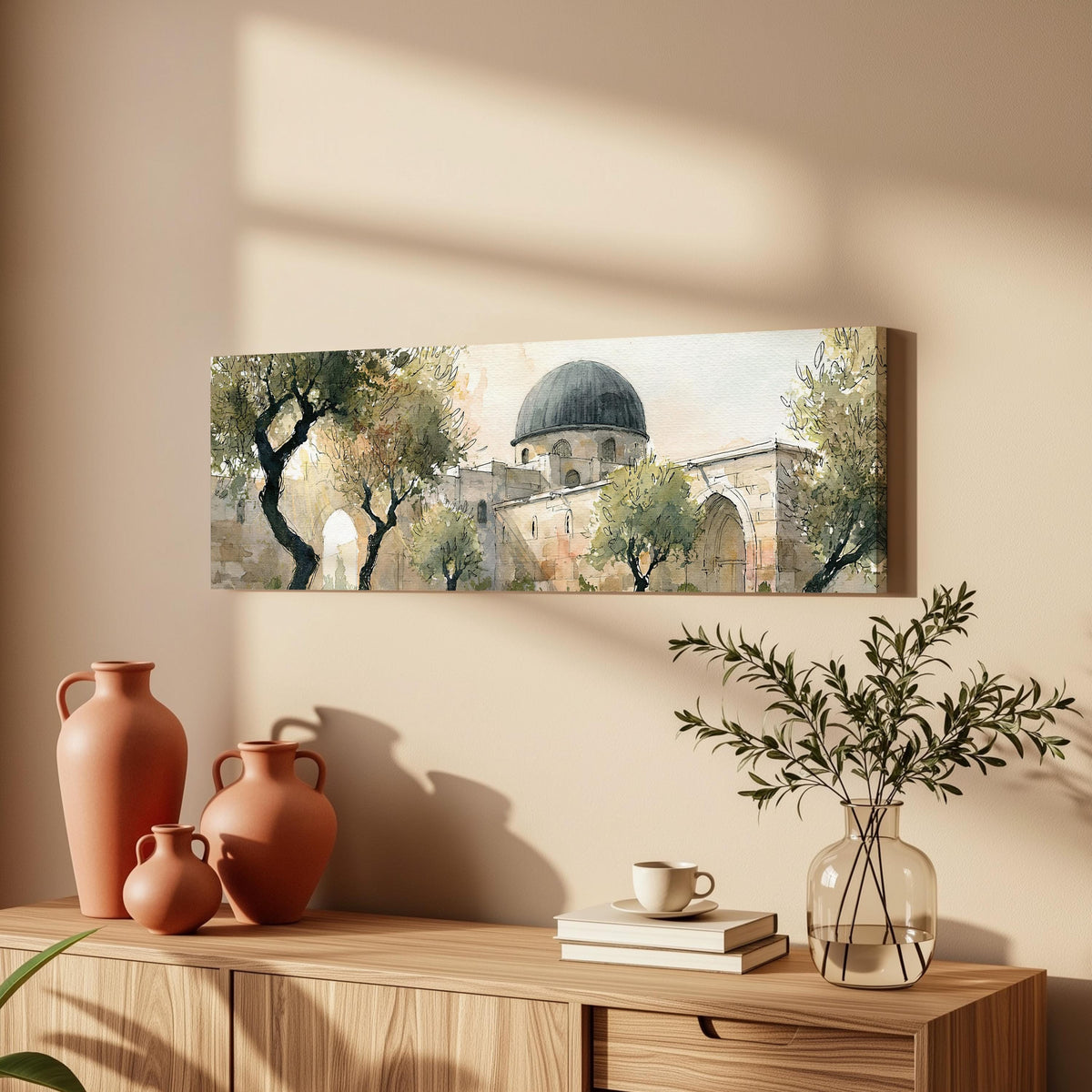 Old stone dome in a sketch style long horizontal canvas print above a wooden sideboard
