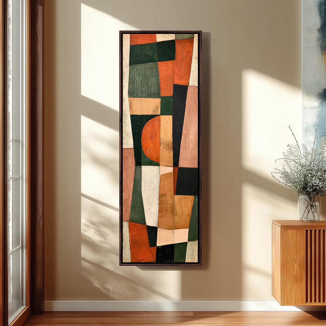 Earthy cubist patchwork of shapes long vertical canvas print in a sunlit living space