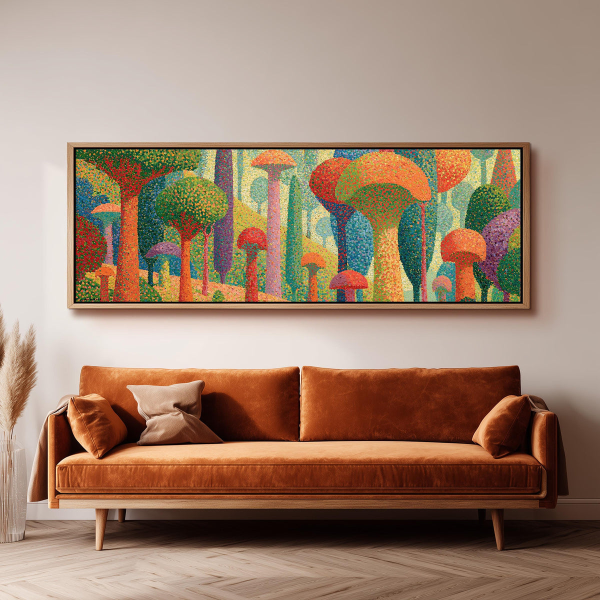 Teal mushroom woodland long horizontal canvas print above a sofa in a living room