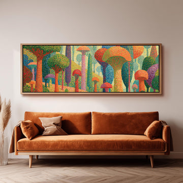 Teal mushroom woodland long horizontal canvas print above a sofa in a living room