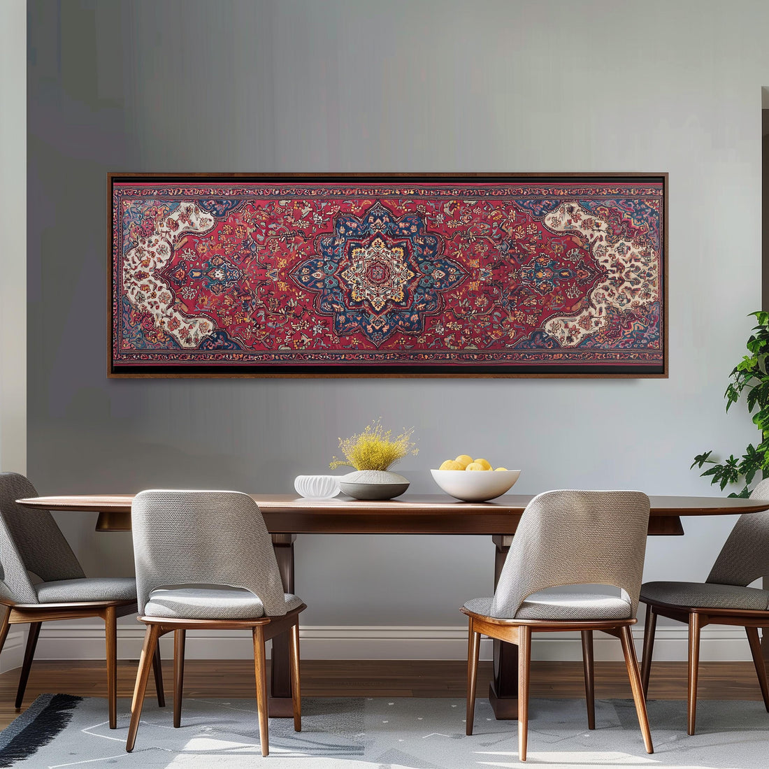 a large, ornate rug hanging on a wall above a brown sofa with two pillows.