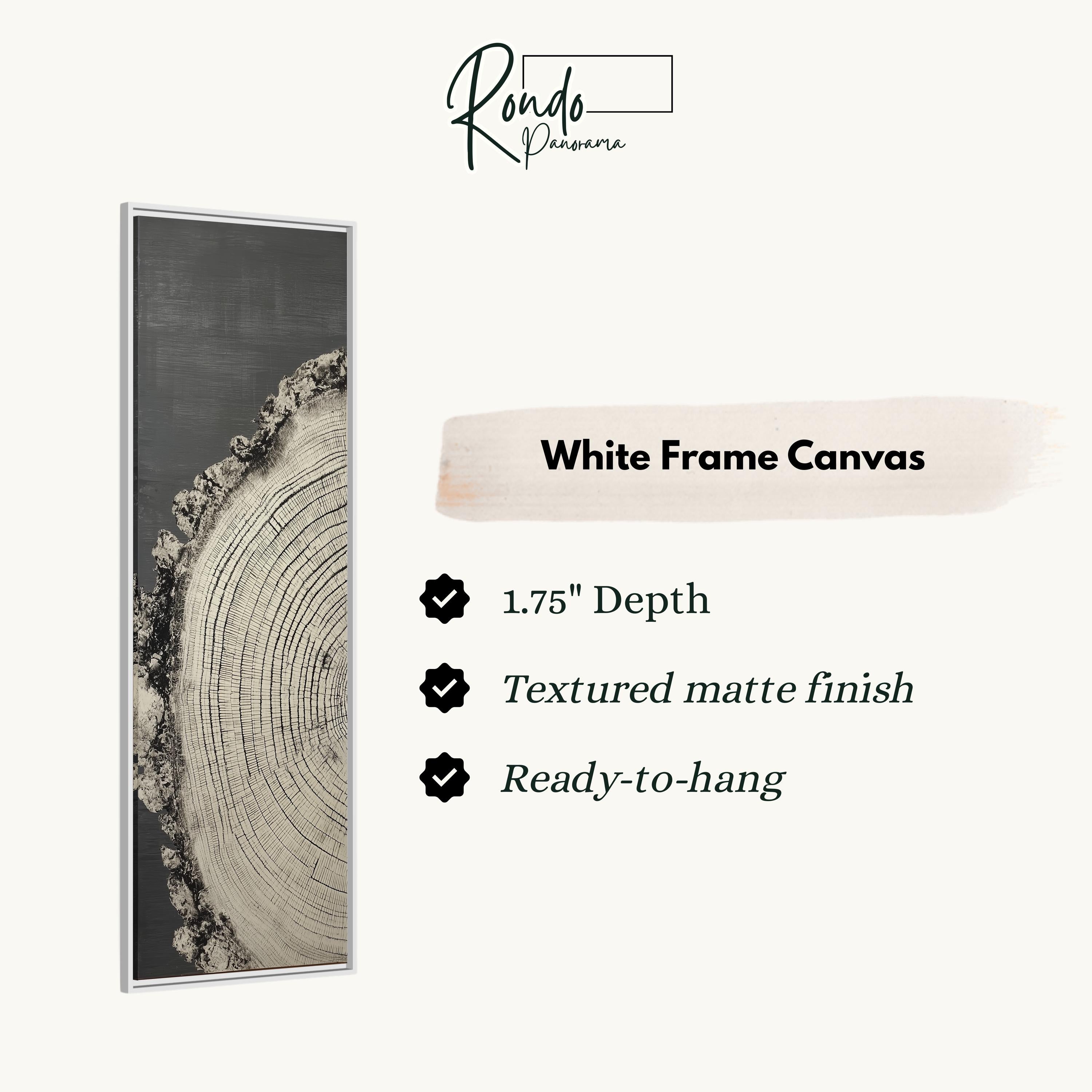 The image is a white frame canvas with a black and white image of a tree trunk or log.