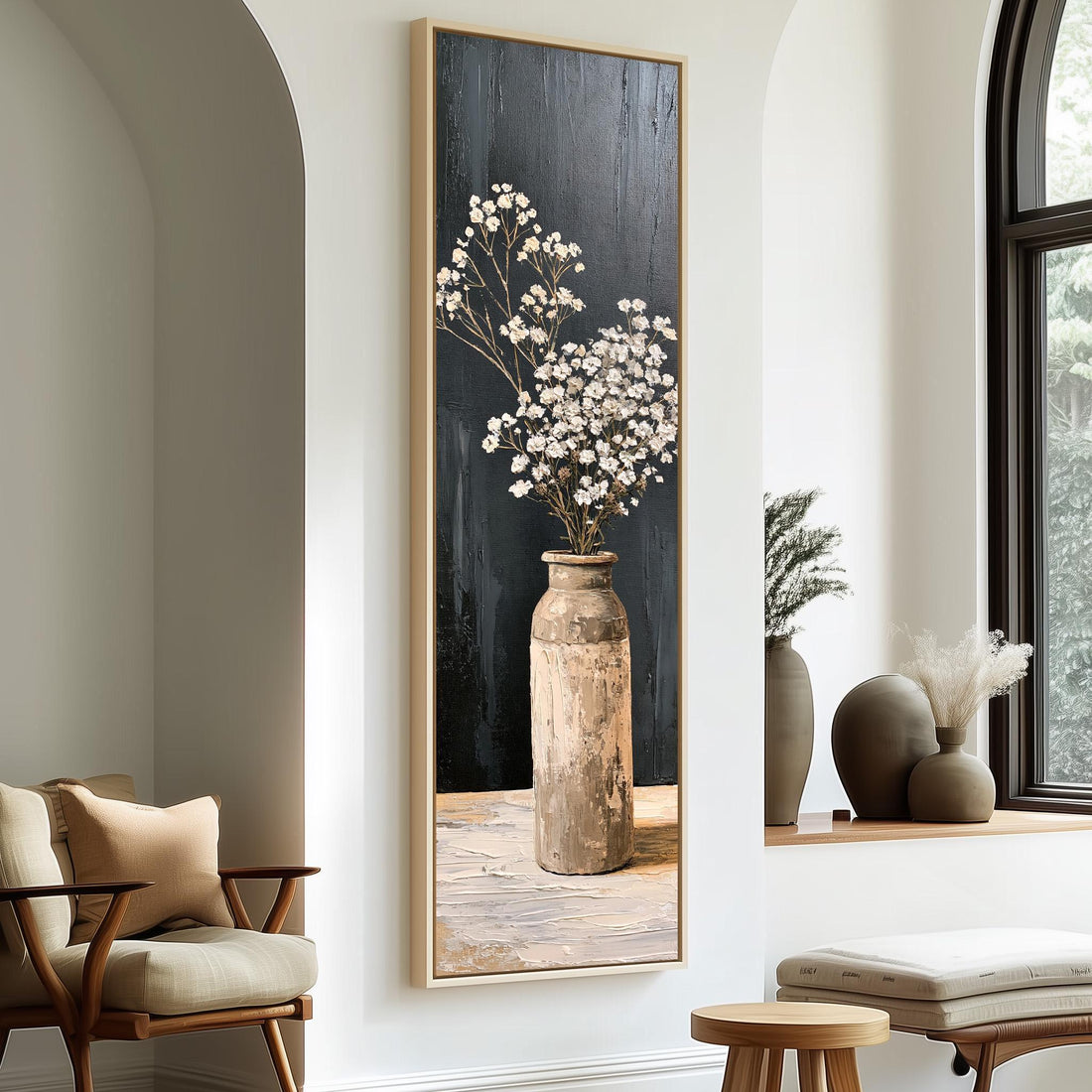 Baby's breath in a stone vase long vertical canvas print in a sunlit living space