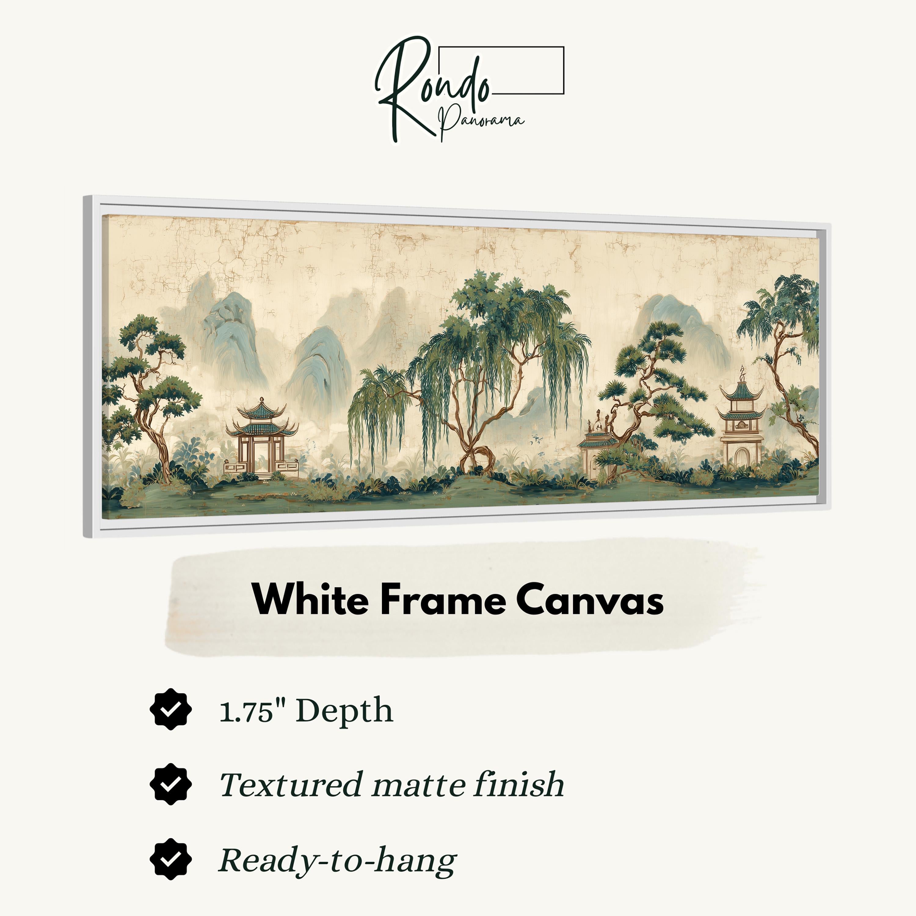 The image is a framed artwork depicting a serene landscape with mountains, trees, and pagodas.