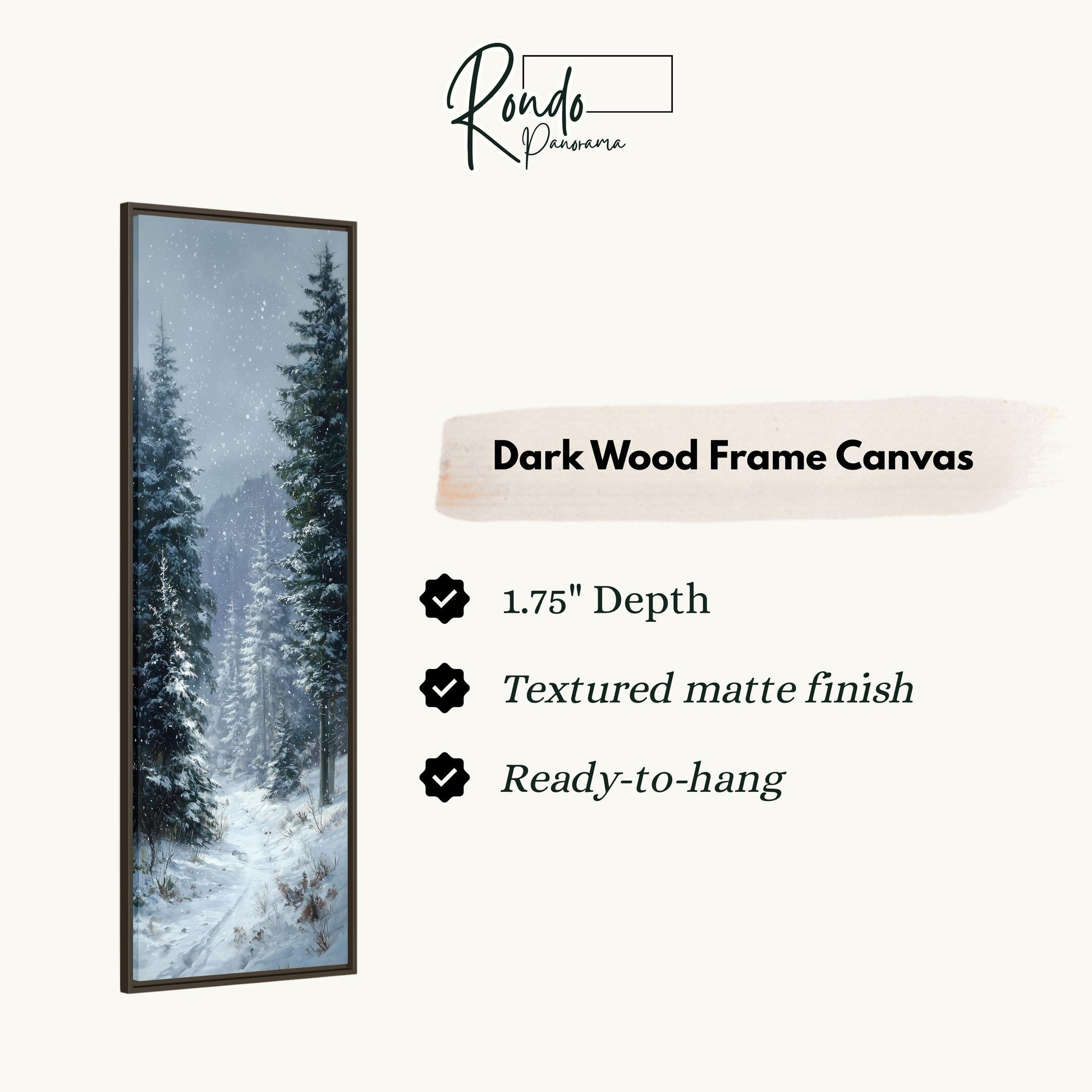 The image is a dark wood frame canvas depicting a snowy forest scene with tall trees covered in snow.