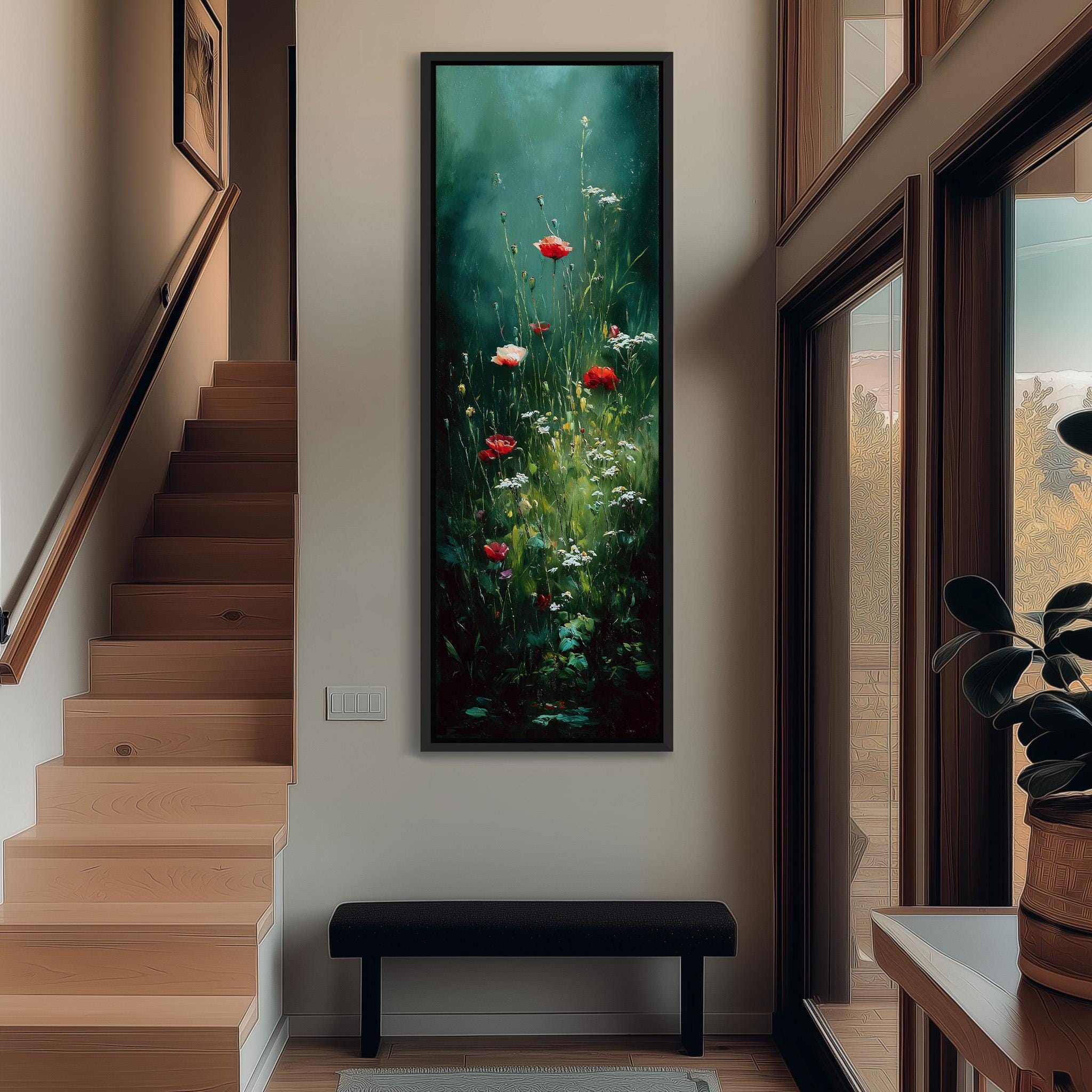 a large painting of flowers hanging on the wall of a hallway.