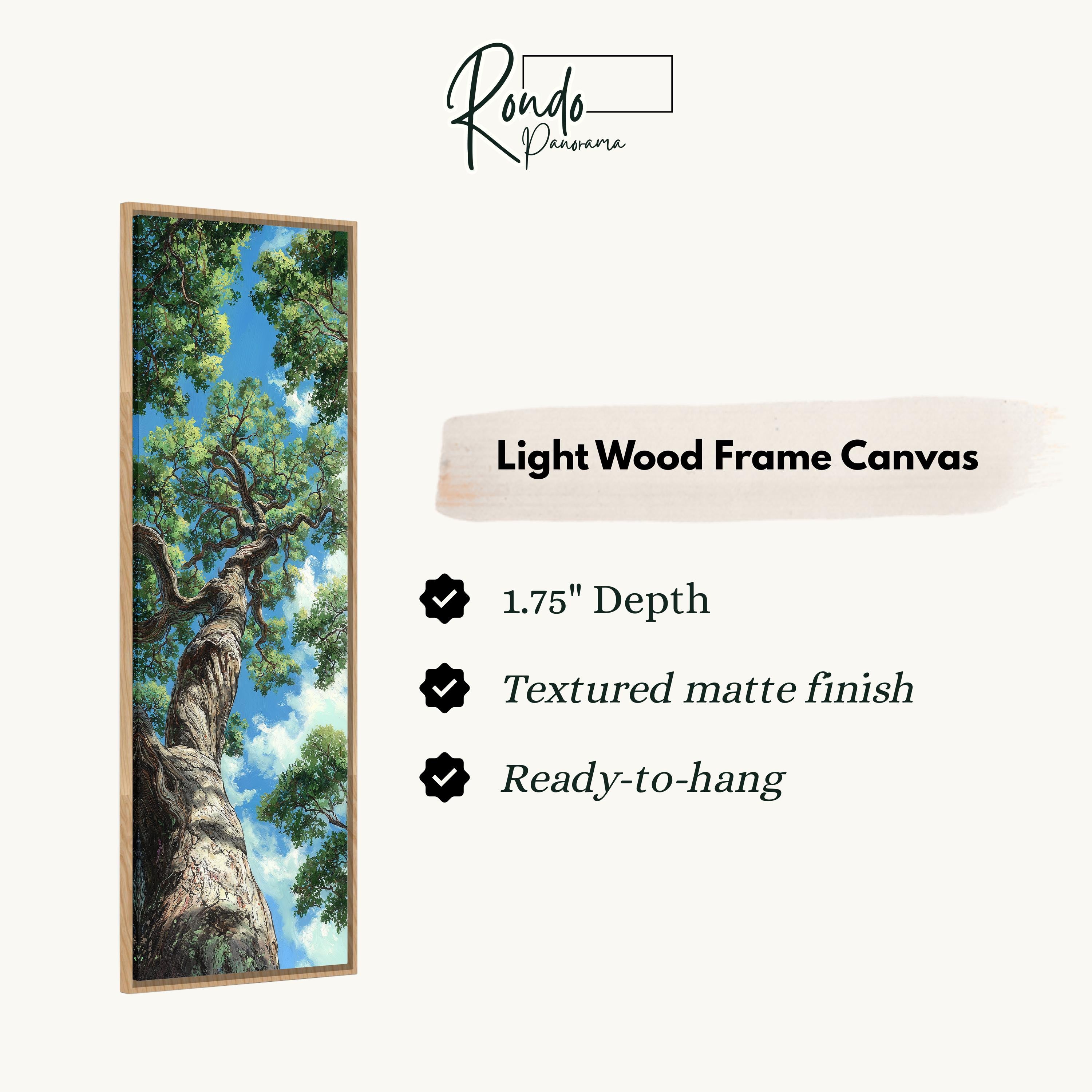 The image is a light wood frame canvas depicting a tree with a blue sky background.