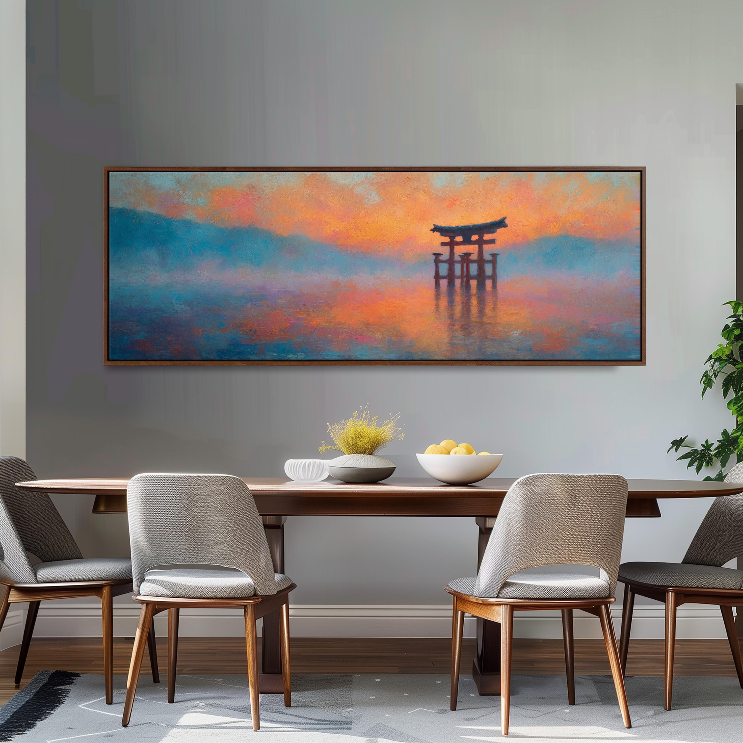 a dining room with a large painting of a torii gate in the background, a wooden table with chairs, and a bowl of fruit on the table.