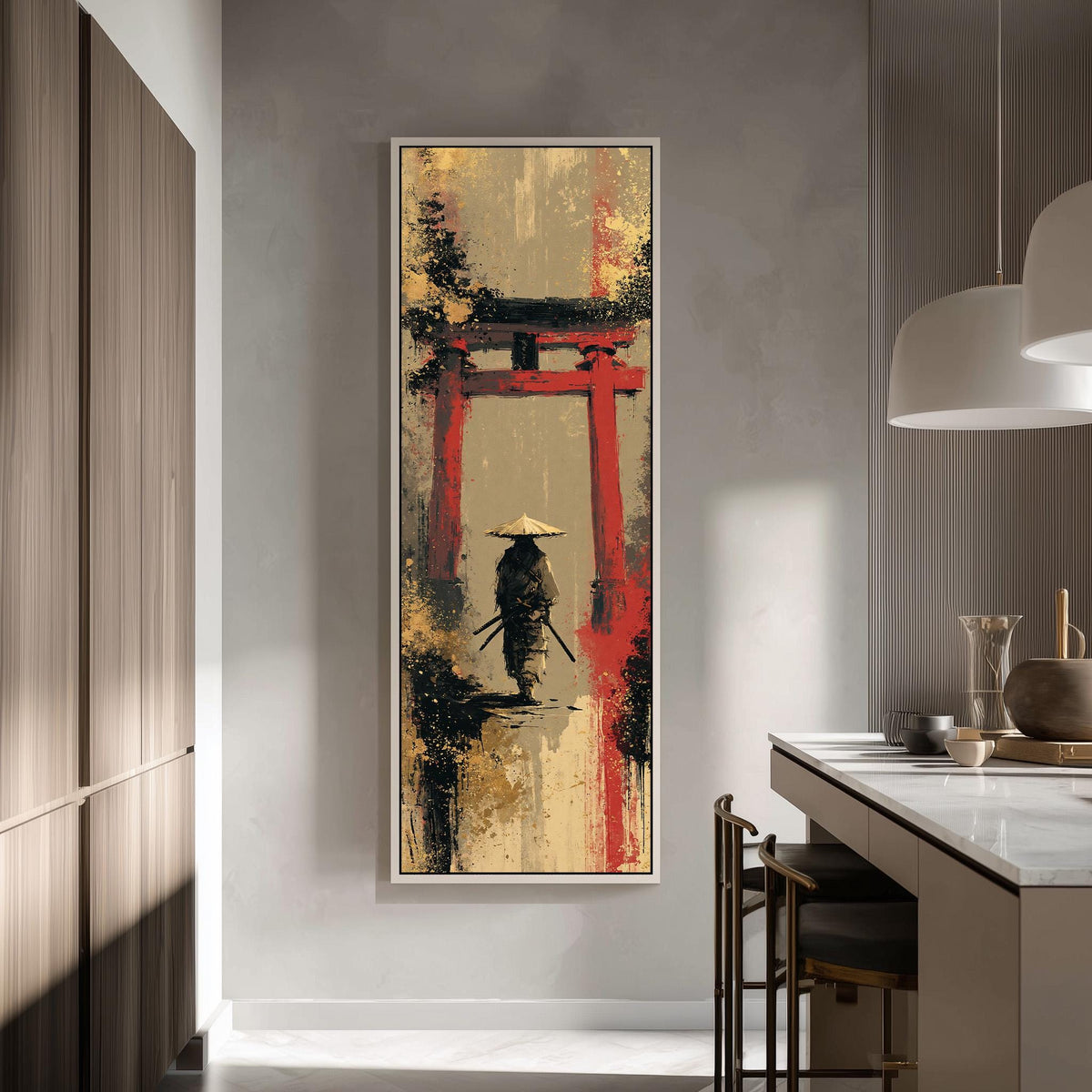Samurai walking under a red torii gate tall skinny canvas print in a modern kitchen