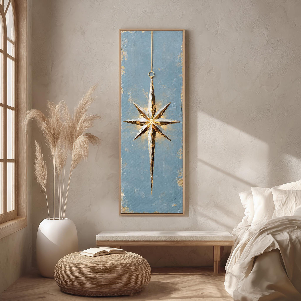 Gold and silver star ornament on blue long vertical canvas print in a bright reading corner