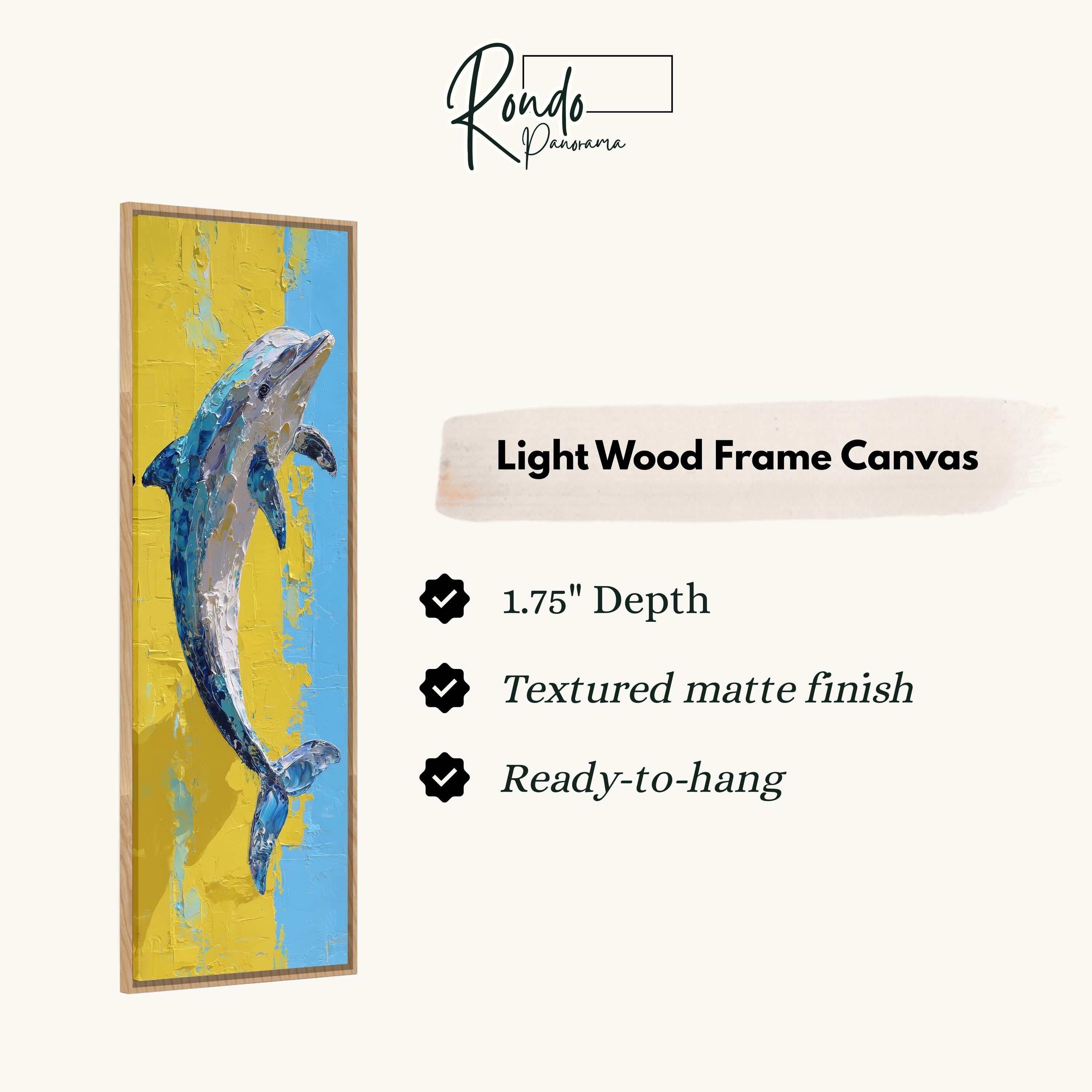 The image is a light wood frame canvas featuring a painting of a dolphin.