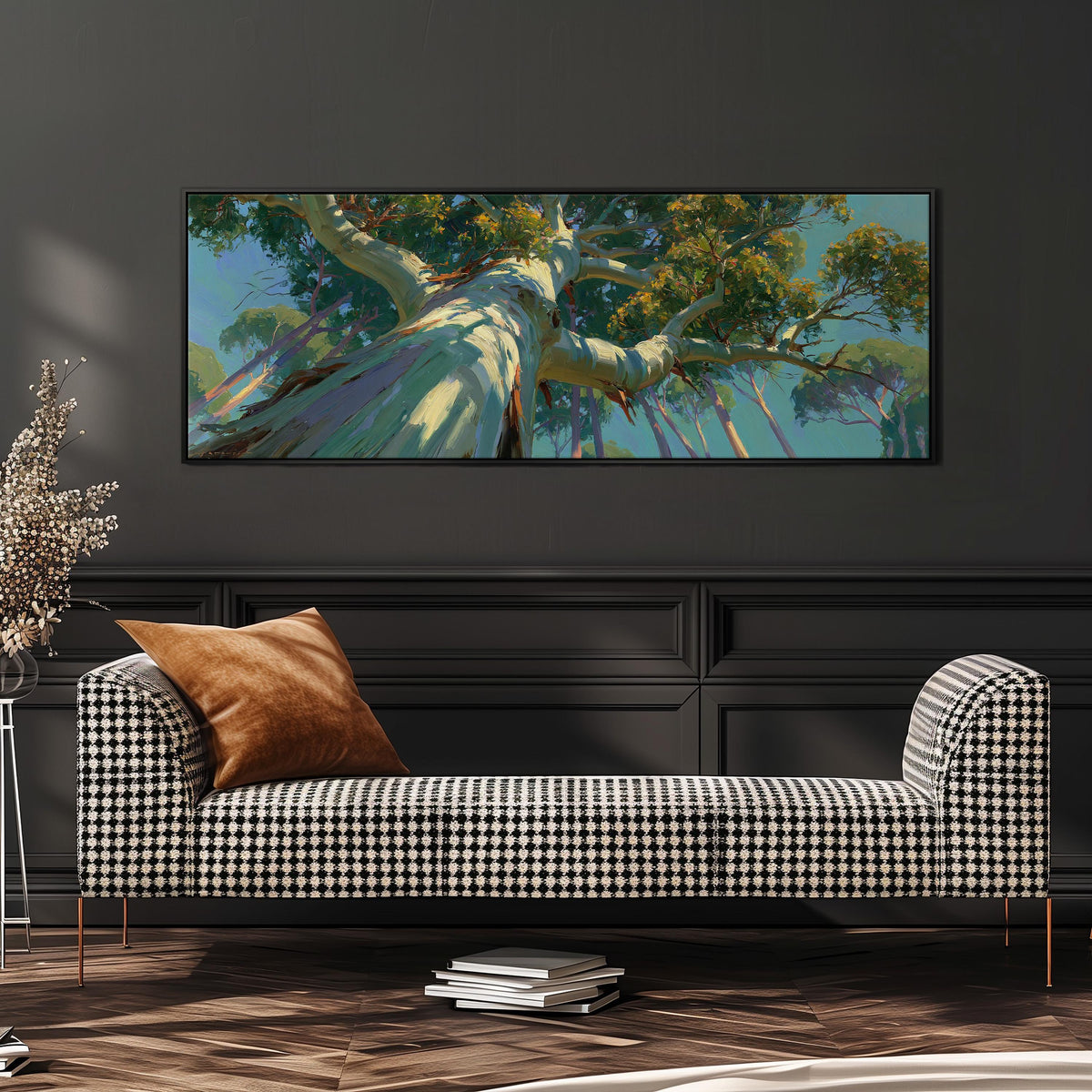 Eucalyptus canopy against a blue sky wide panoramic canvas print above a bench in a dark living room