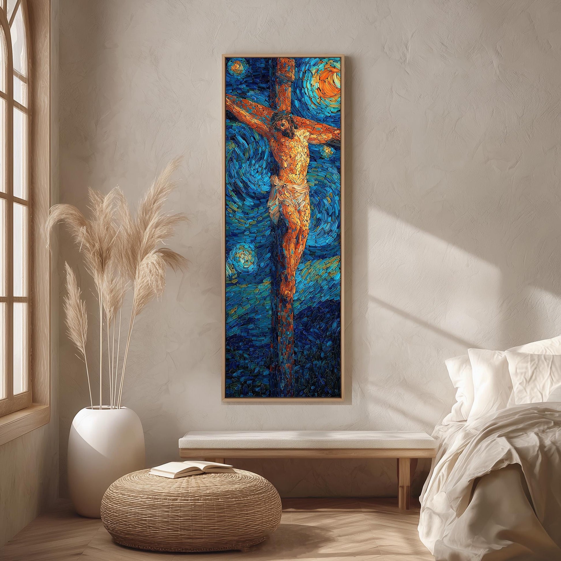 a large, colorful painting of a figure on a cross hanging on a wall in a room with a bed, a potted plant, and a woven ottoman.