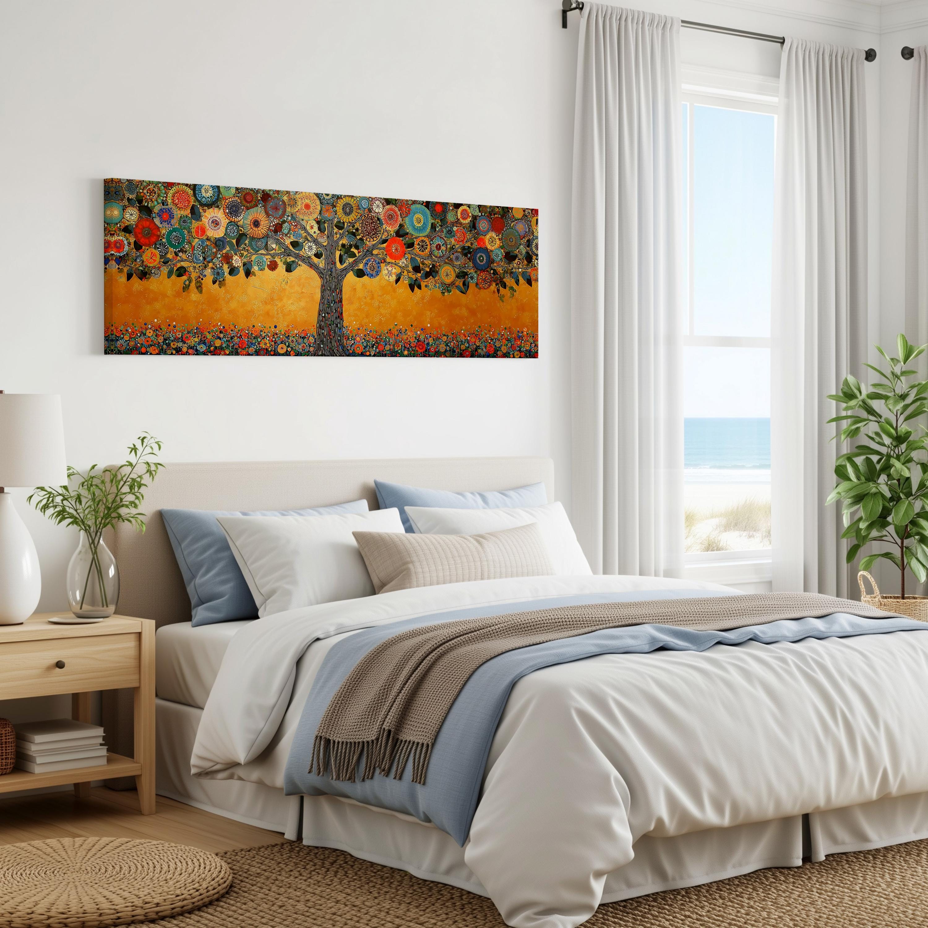 a serene bedroom with a large bed, a nightstand, and a painting of a tree with colorful flowers hanging on the wall.