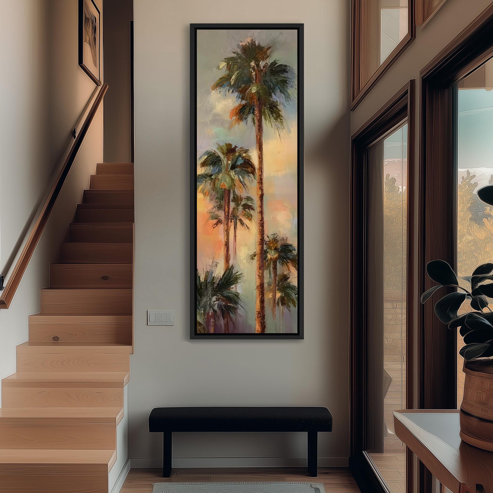 a large painting of palm trees hanging on the wall of a hallway.