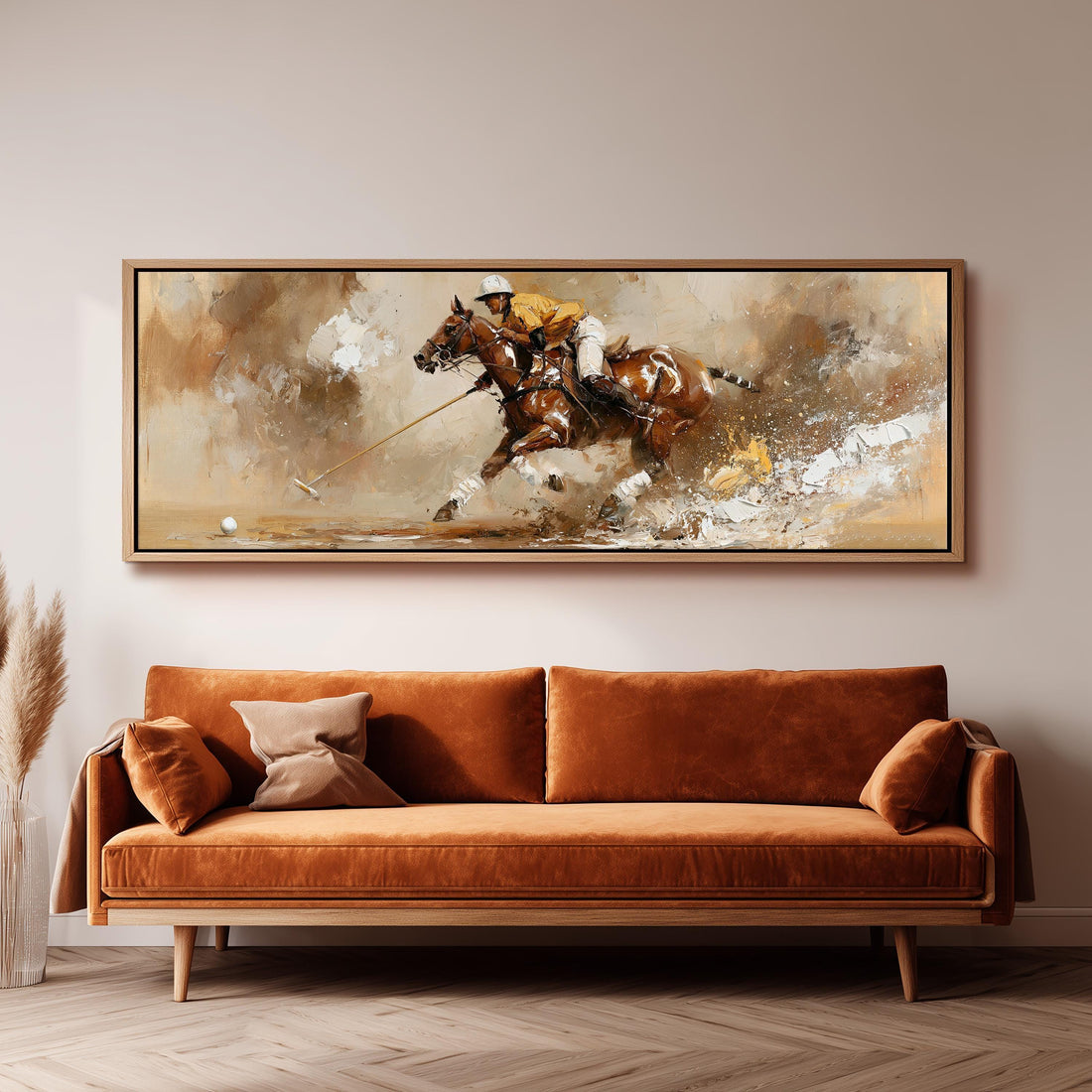 Polo rider in full gallop long horizontal canvas print above a sofa in a living room