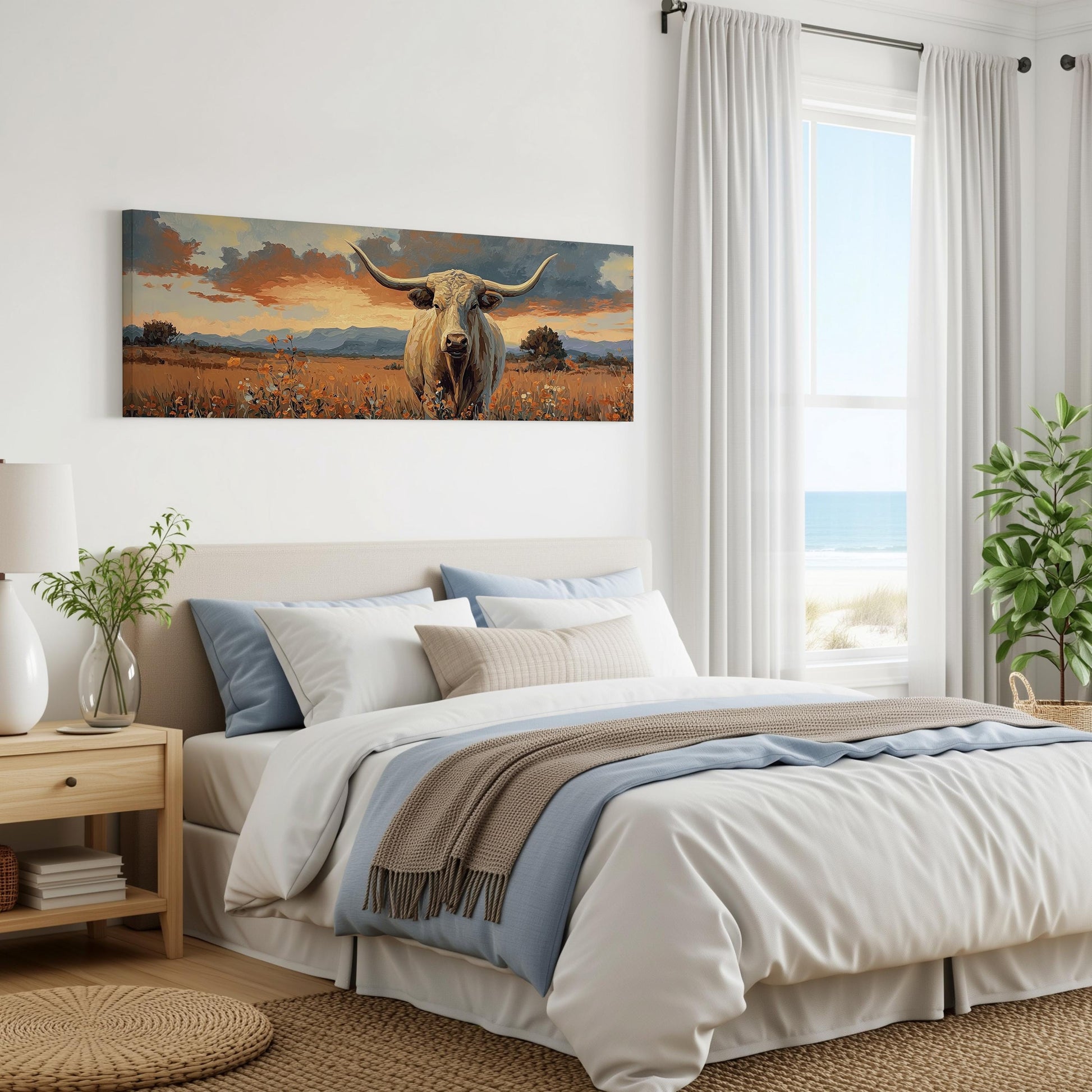 a serene bedroom scene with a large bed, a nightstand, and a painting of a cow in the background. The cow is standing in a field with a cloudy sky above. The room has white walls and a window that offers a view of the ocean.