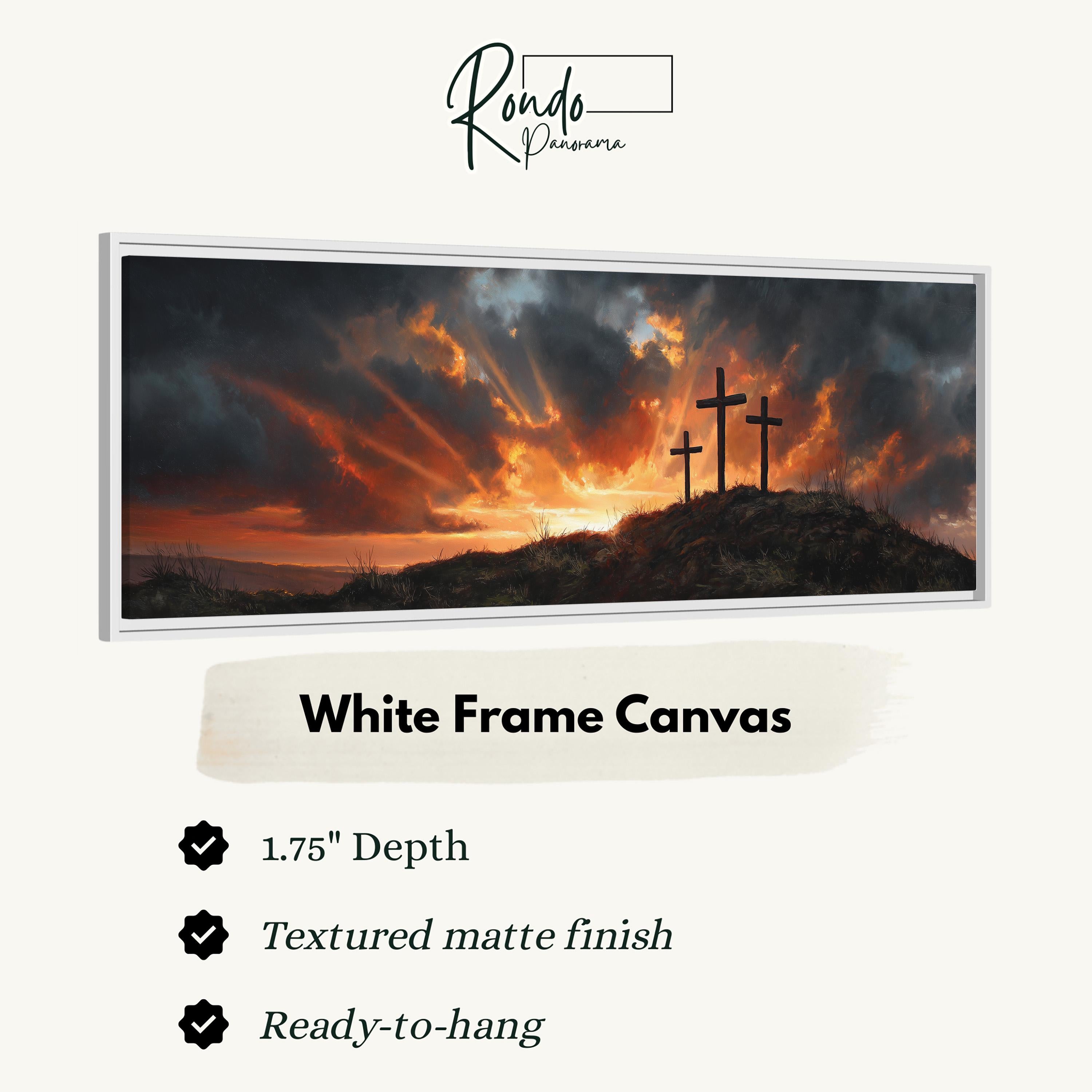 The image is a white frame canvas depicting a dramatic landscape with a sunset over a hill with three crosses.
