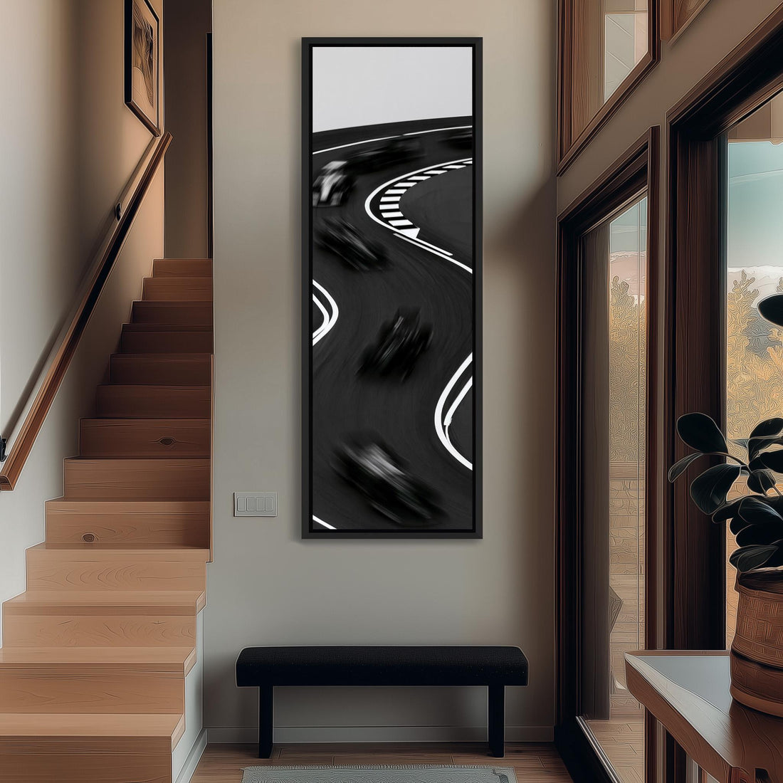 Race cars blurring around a curved track long vertical canvas print in a sunlit living space