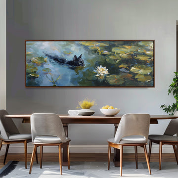 a dining room with a large painting of a cat swimming in a pond above a wooden table with four chairs. The painting is framed and hangs on the wall above the table.