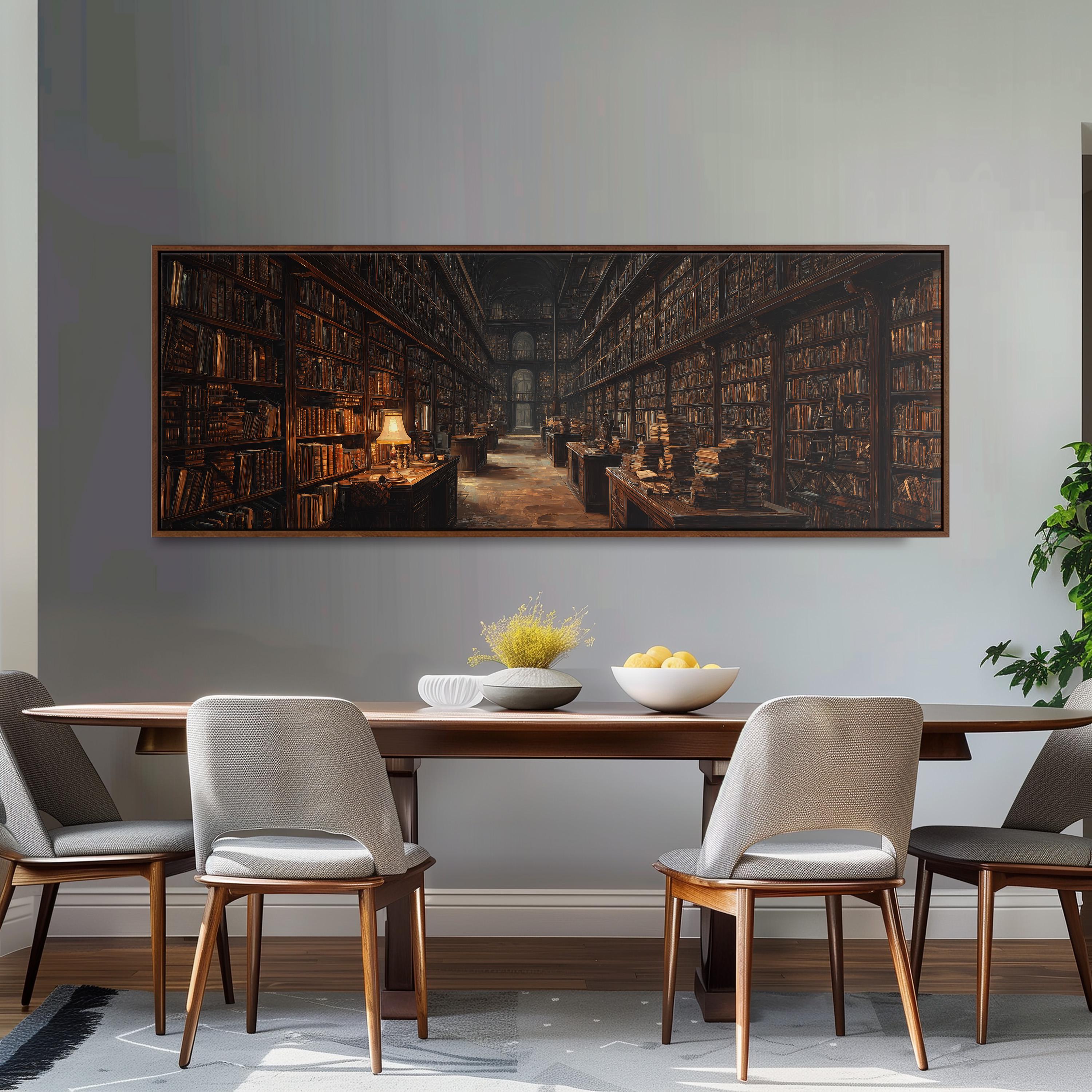 a cozy library scene with a large bookshelf filled with books, a table with a bowl of fruit, and comfortable chairs arranged around it.