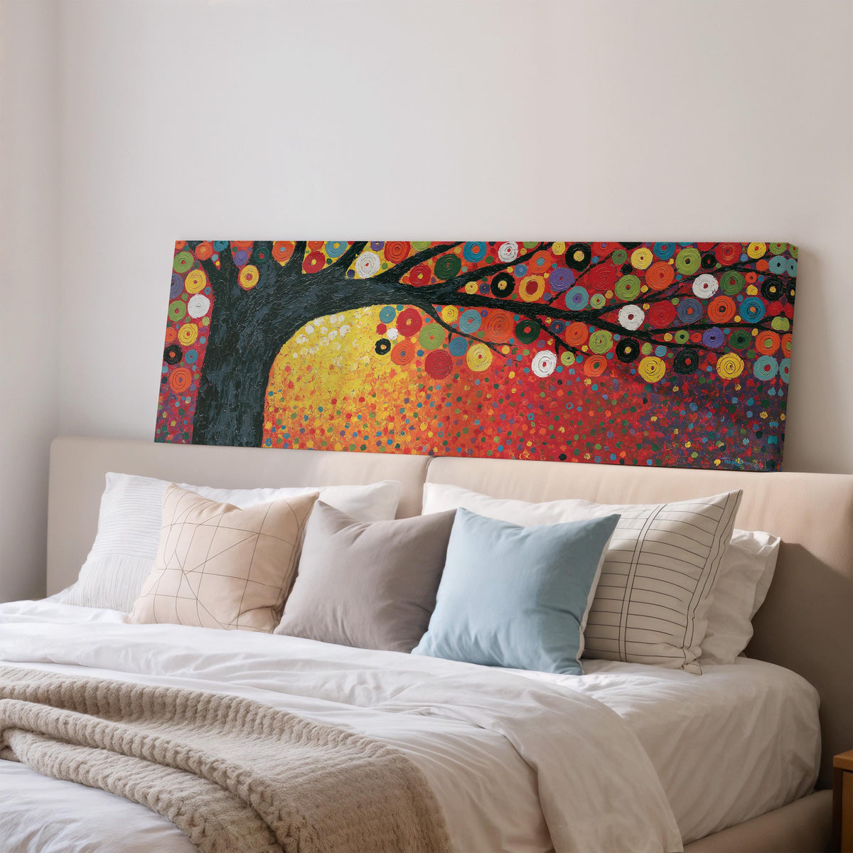 Amber tree of life in a Klimt style wide panoramic canvas print above a bed in a bedroom