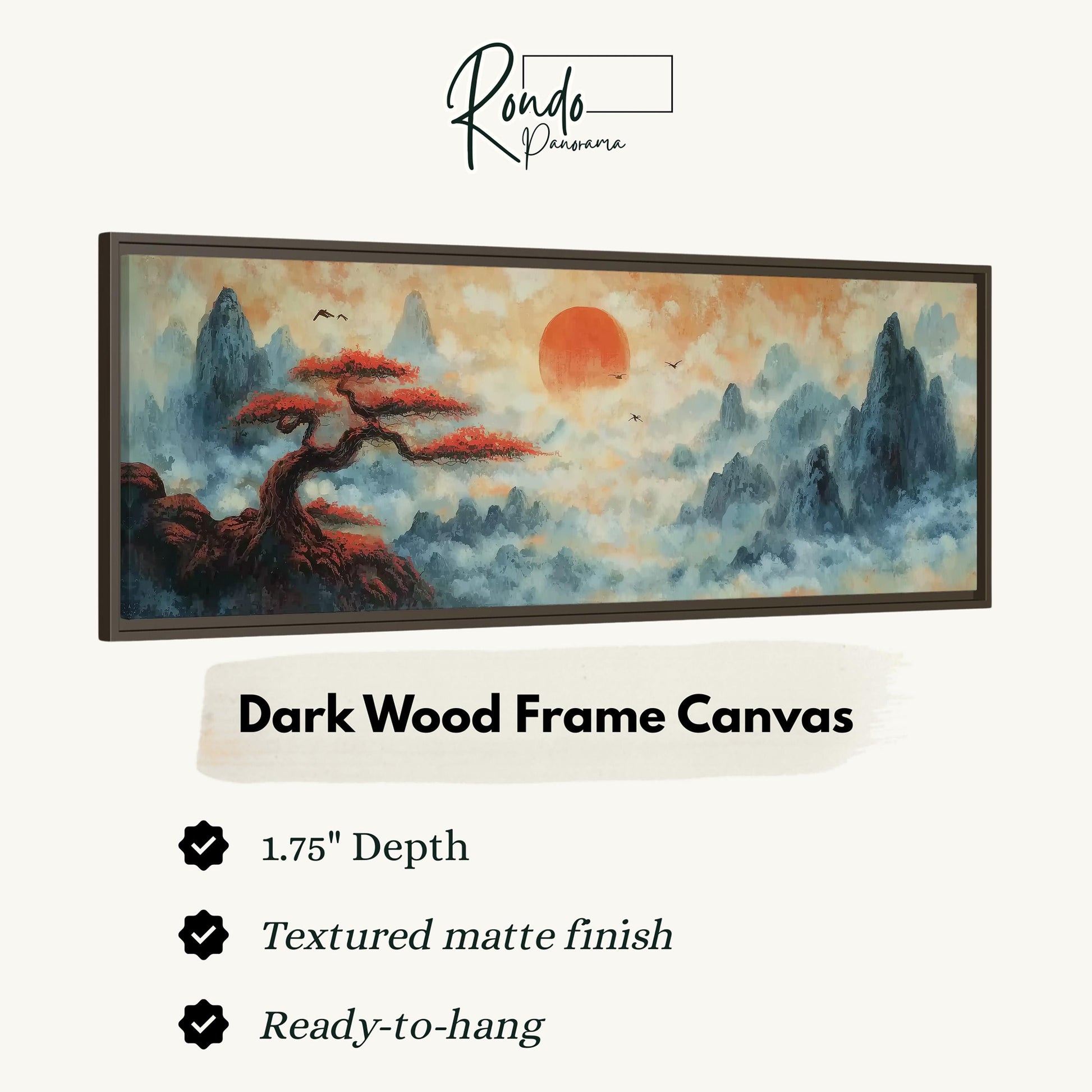 The image is a framed artwork depicting a serene landscape with a tree and mountains in the background, set against a cloudy sky.