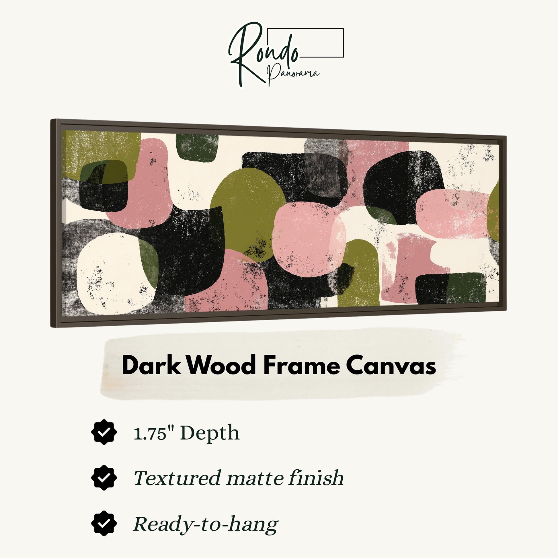The image is a product advertisement for a dark wood frame canvas. It features a large abstract painting with a variety of colors and textures. The advertisement provides details about the product, including its dimensions, the type of finish, and its hanging capabilities.