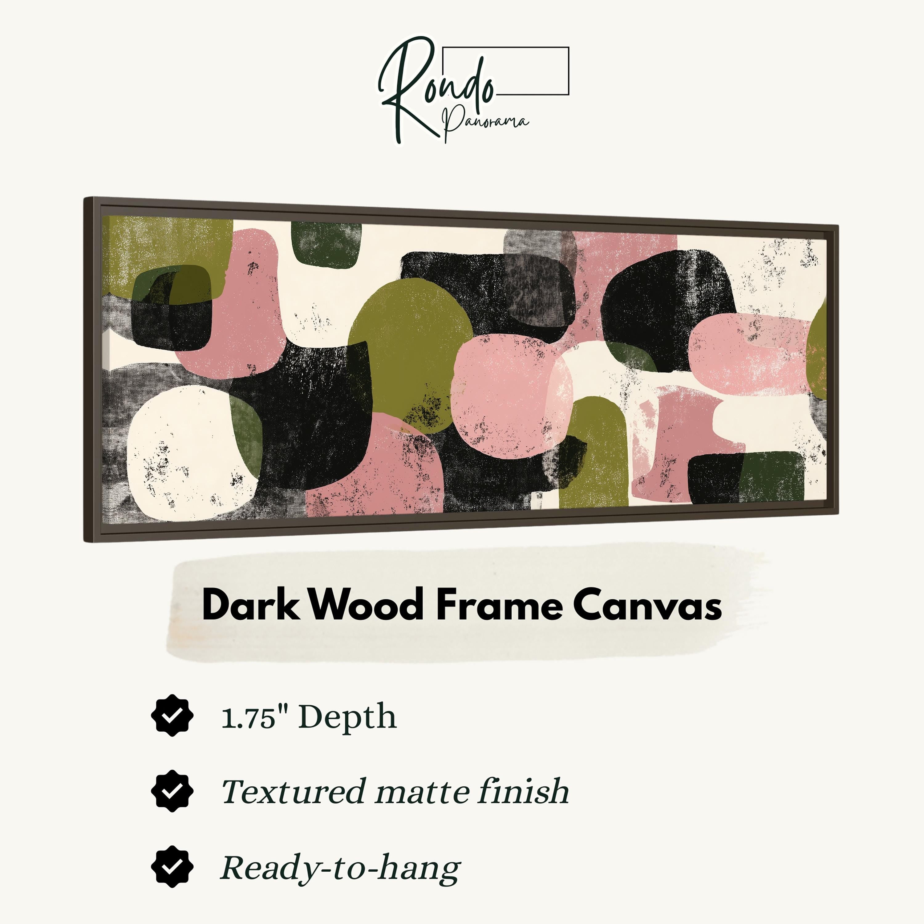 The image is a product advertisement for a dark wood frame canvas. It features a large abstract painting with a variety of colors and textures. The advertisement provides details about the product, including its dimensions, the type of finish, and its hanging capabilities.