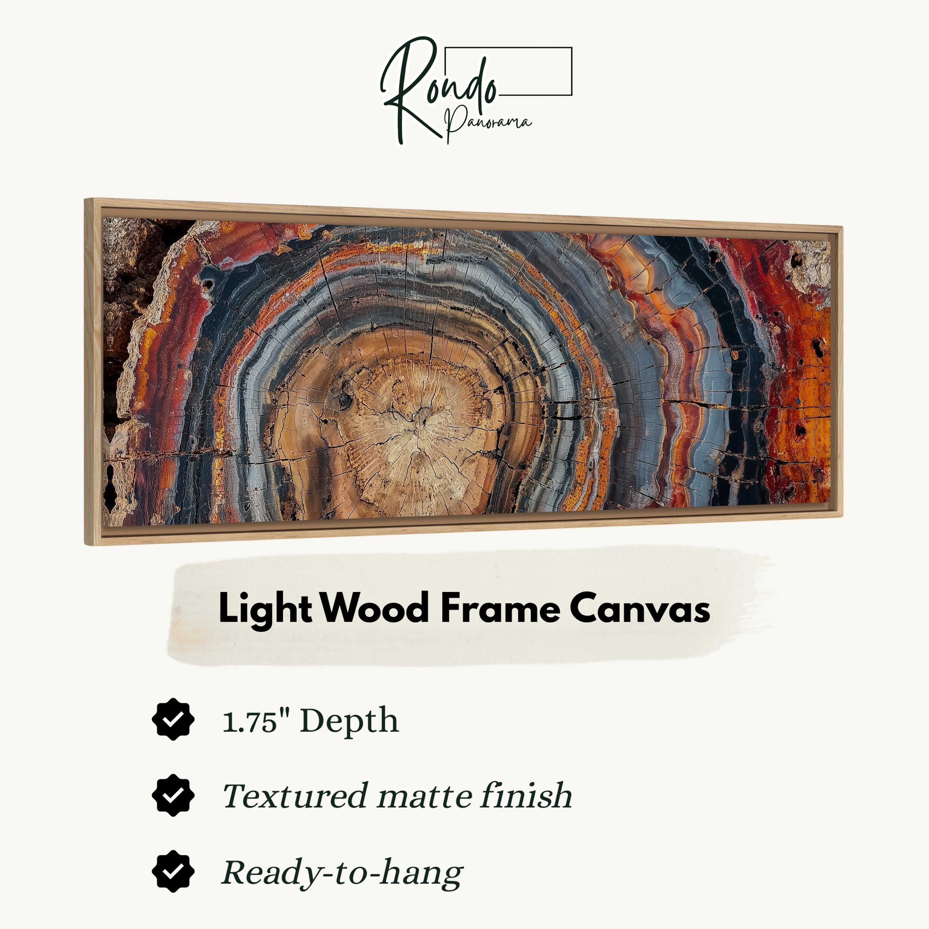 The image is a framed canvas depicting a cross-section of a tree trunk with a striped pattern in various colors.