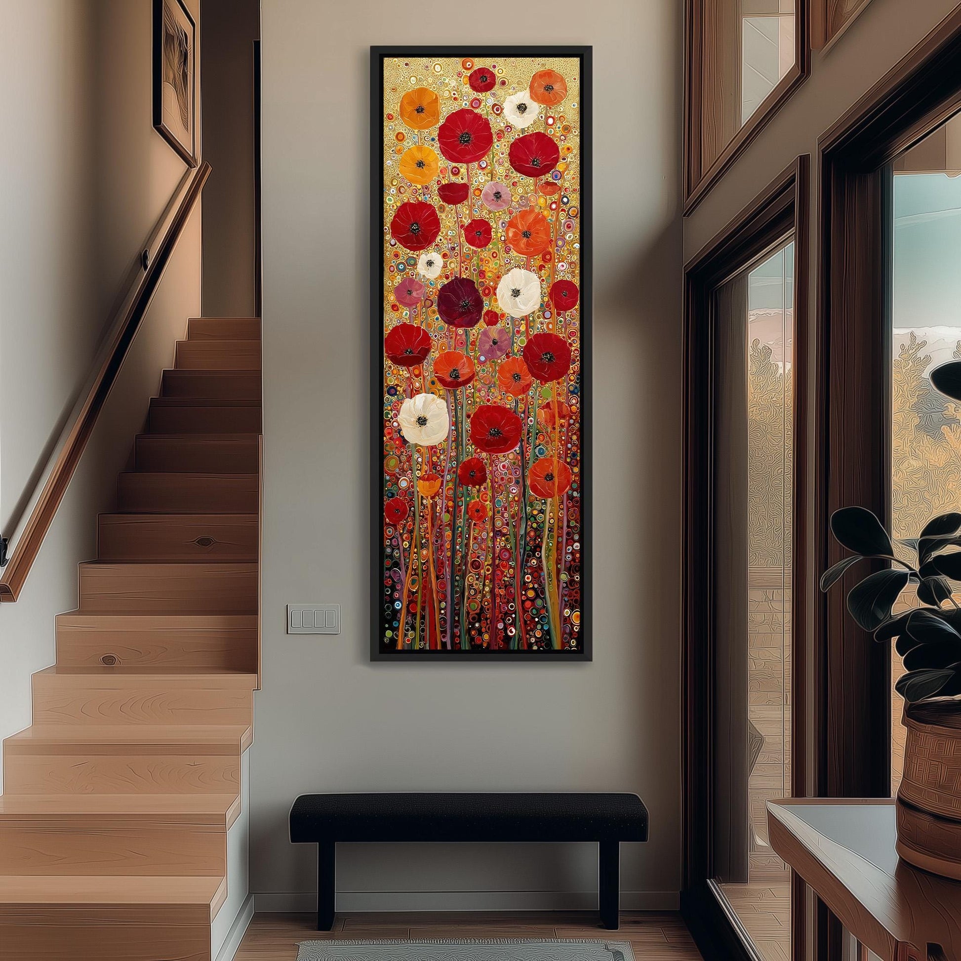 a large, colorful painting of flowers hanging on the wall of a hallway. The painting is framed and appears to be a vibrant display of various flowers in different colors and shapes. The hallway has a wooden staircase and a bench, creating a cozy and inviting atmosphere.