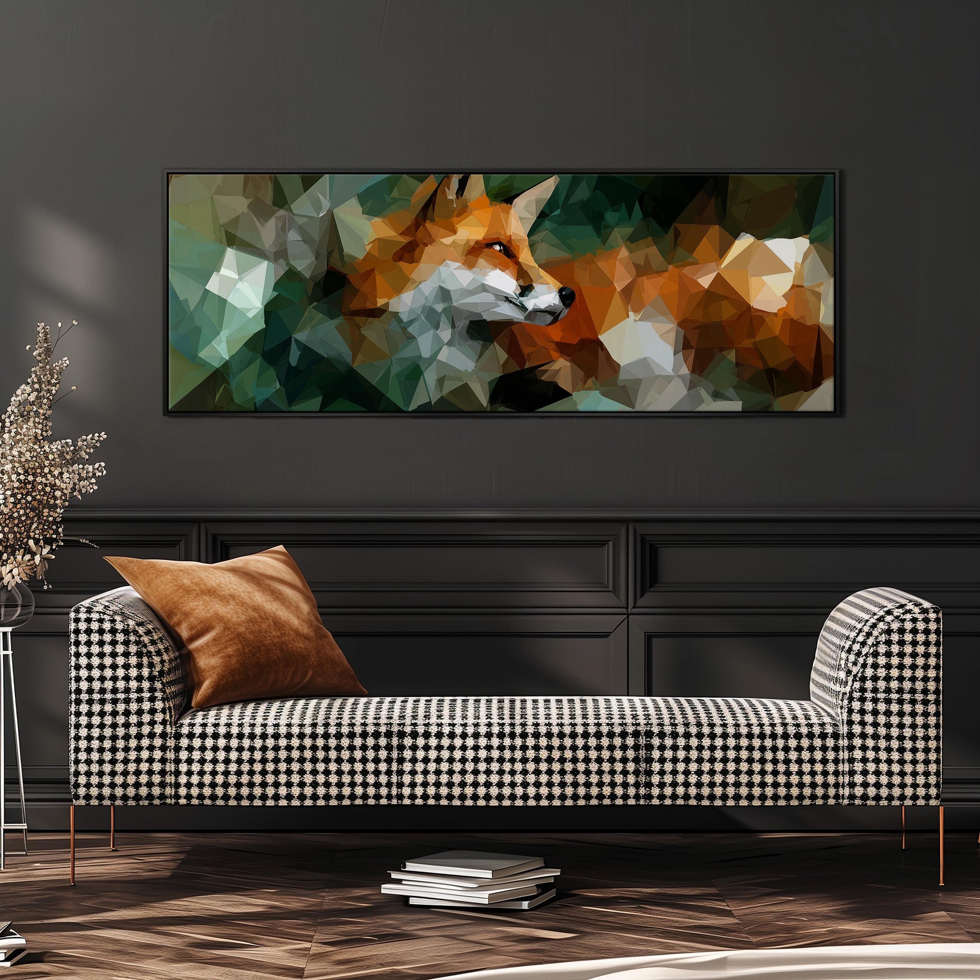a modern living room with a checkered sofa, a stack of books, and a large abstract painting of a fox on the wall.