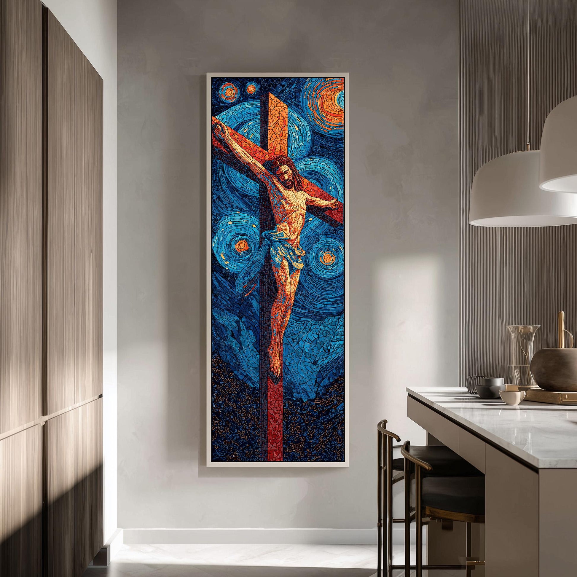 a large, colorful painting of Jesus Christ on the cross hanging on a wall in a modern, minimalist kitchen.