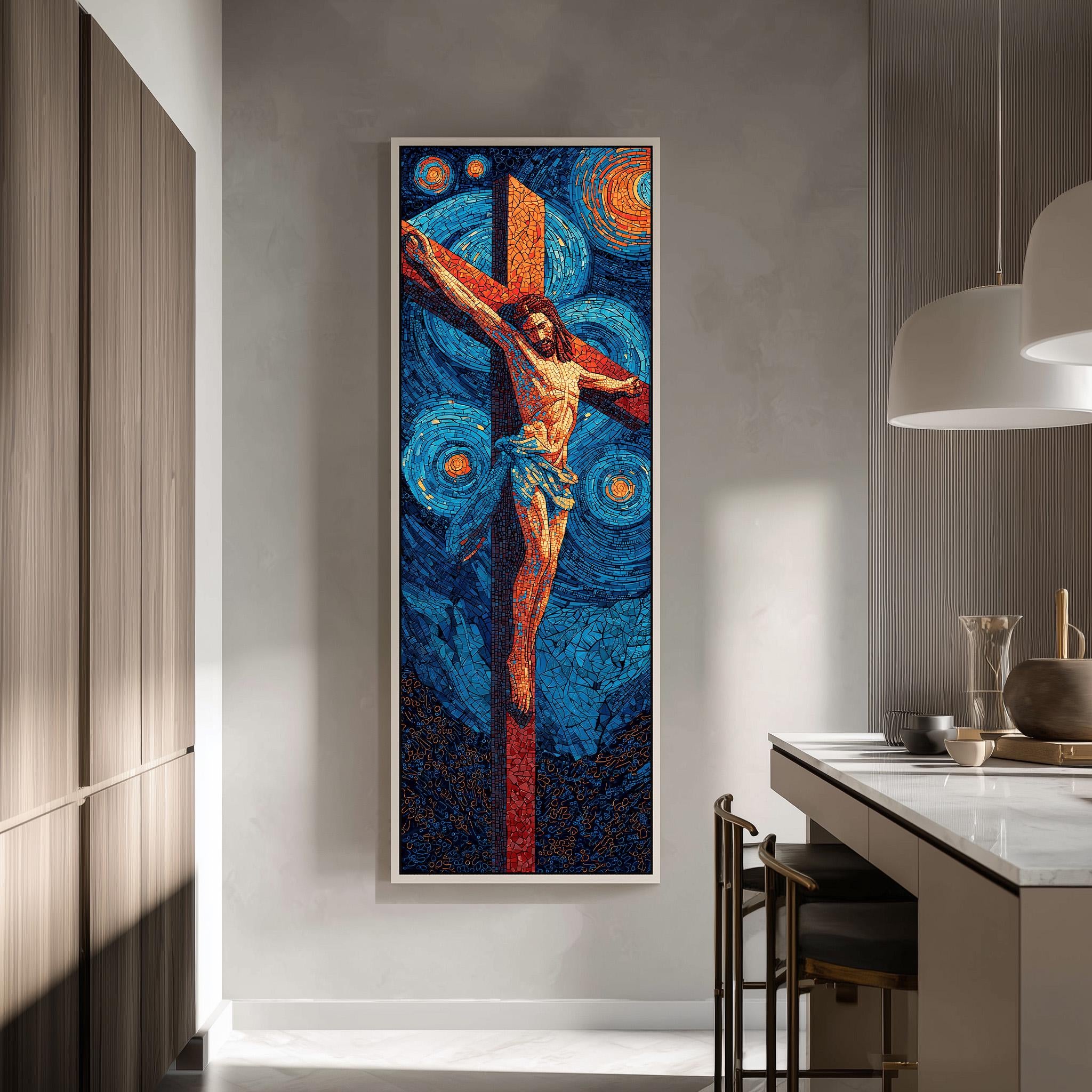 a large, colorful painting of Jesus Christ on the cross hanging on a wall in a modern, minimalist kitchen.