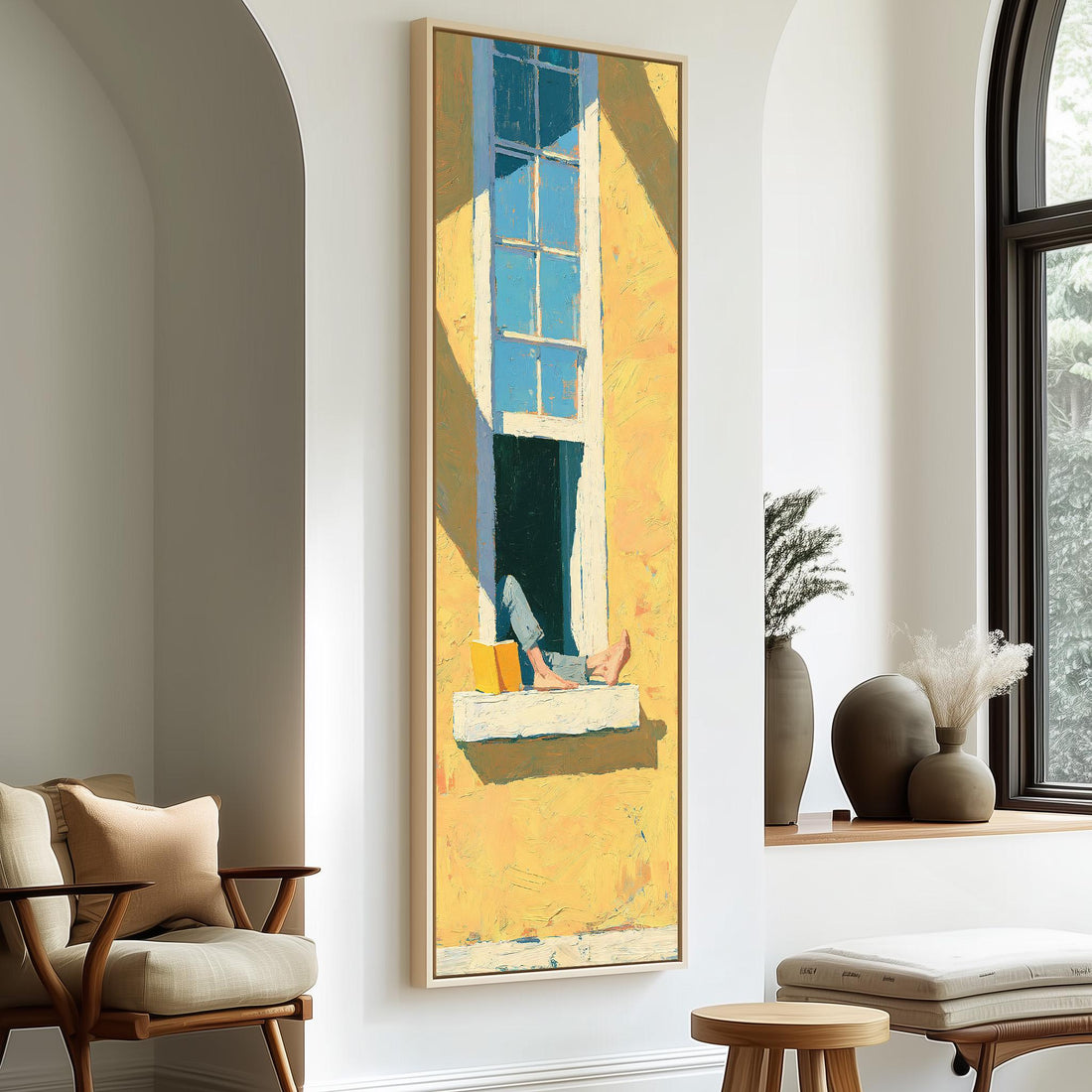 Reader relaxing in a sunlit window long vertical canvas print in a sunlit living space