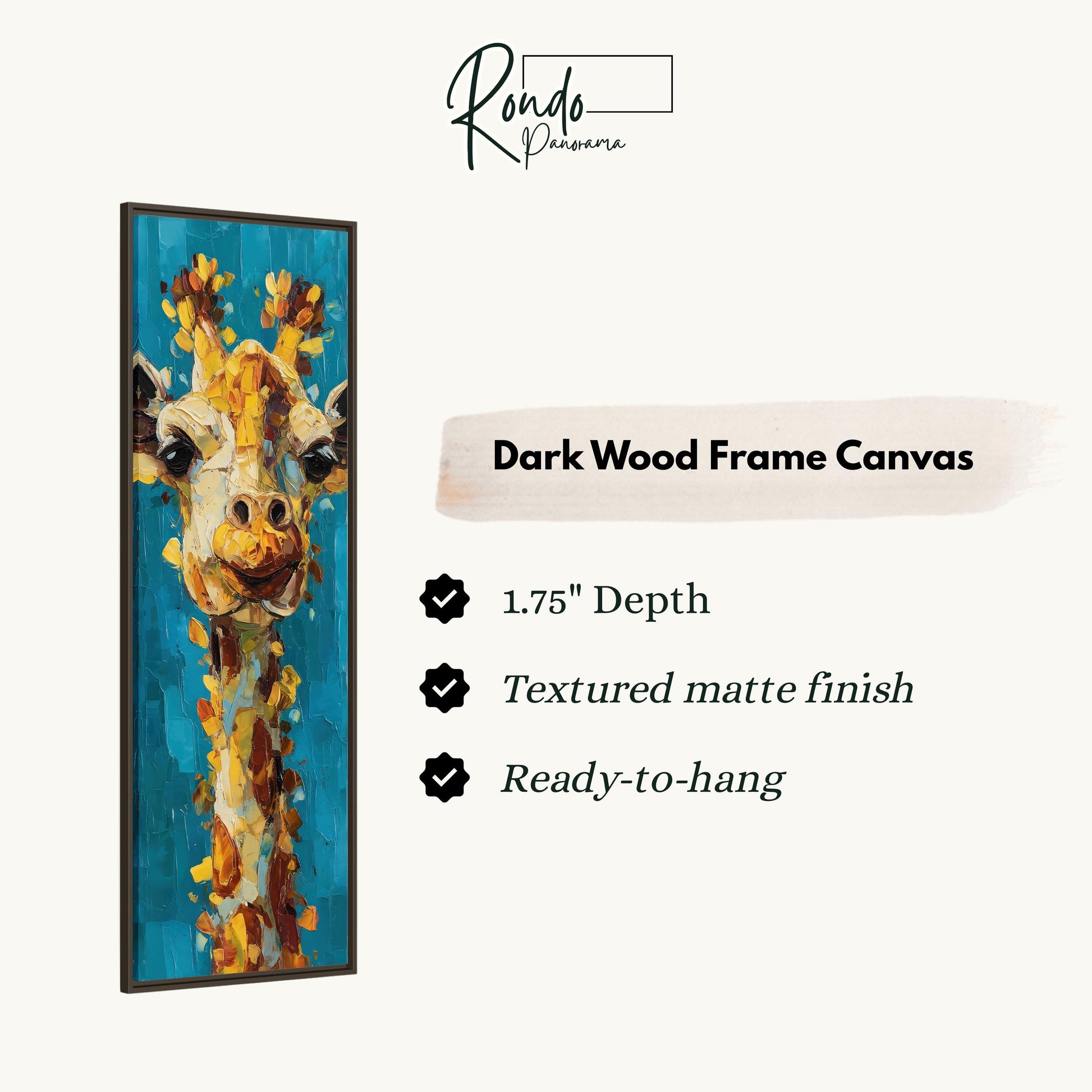 a tall, dark wood frame canvas depicting a giraffe with a textured matte finish. The canvas is 1.75" deep and ready to hang.