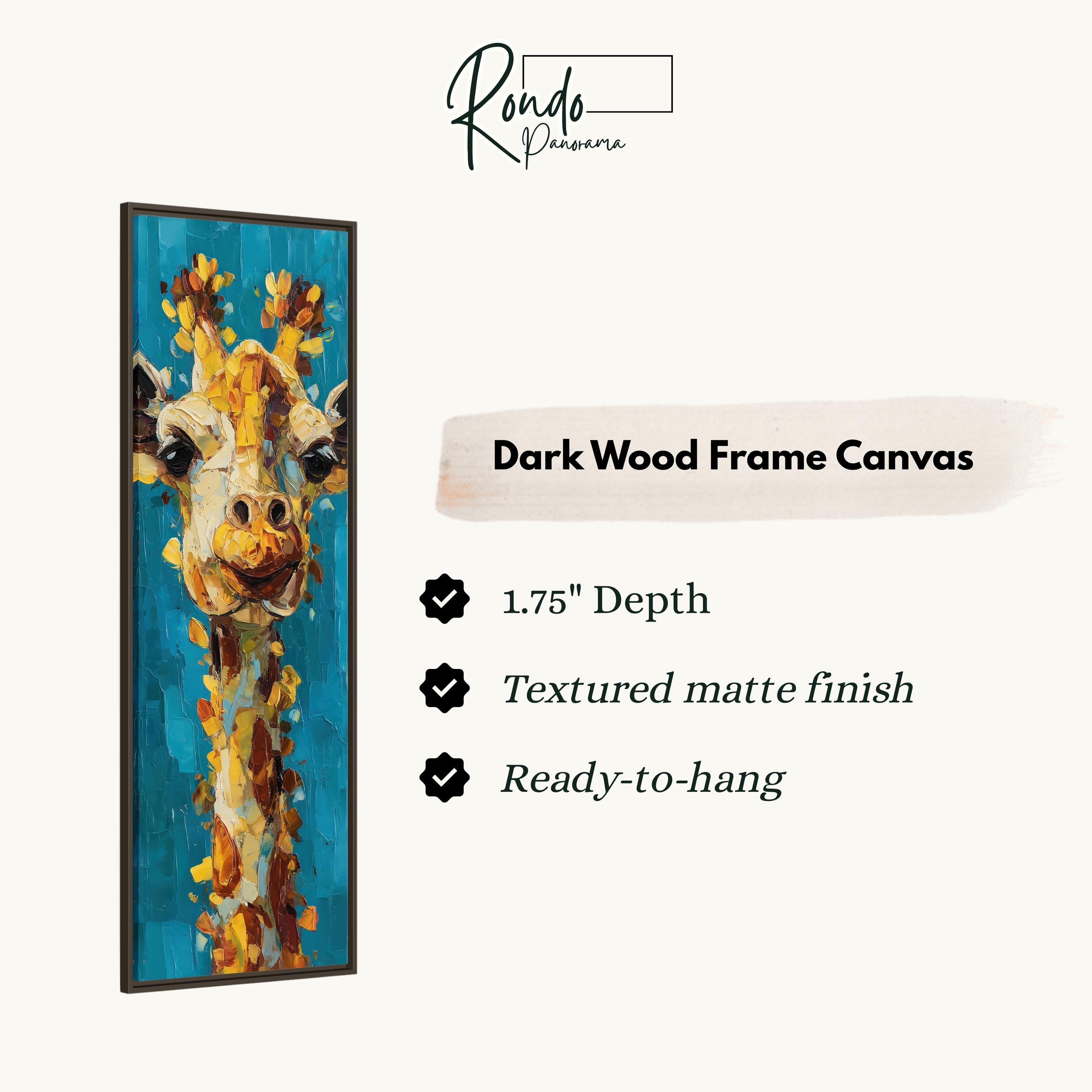 a tall, dark wood frame canvas depicting a giraffe with a textured matte finish. The canvas is 1.75" deep and ready to hang.