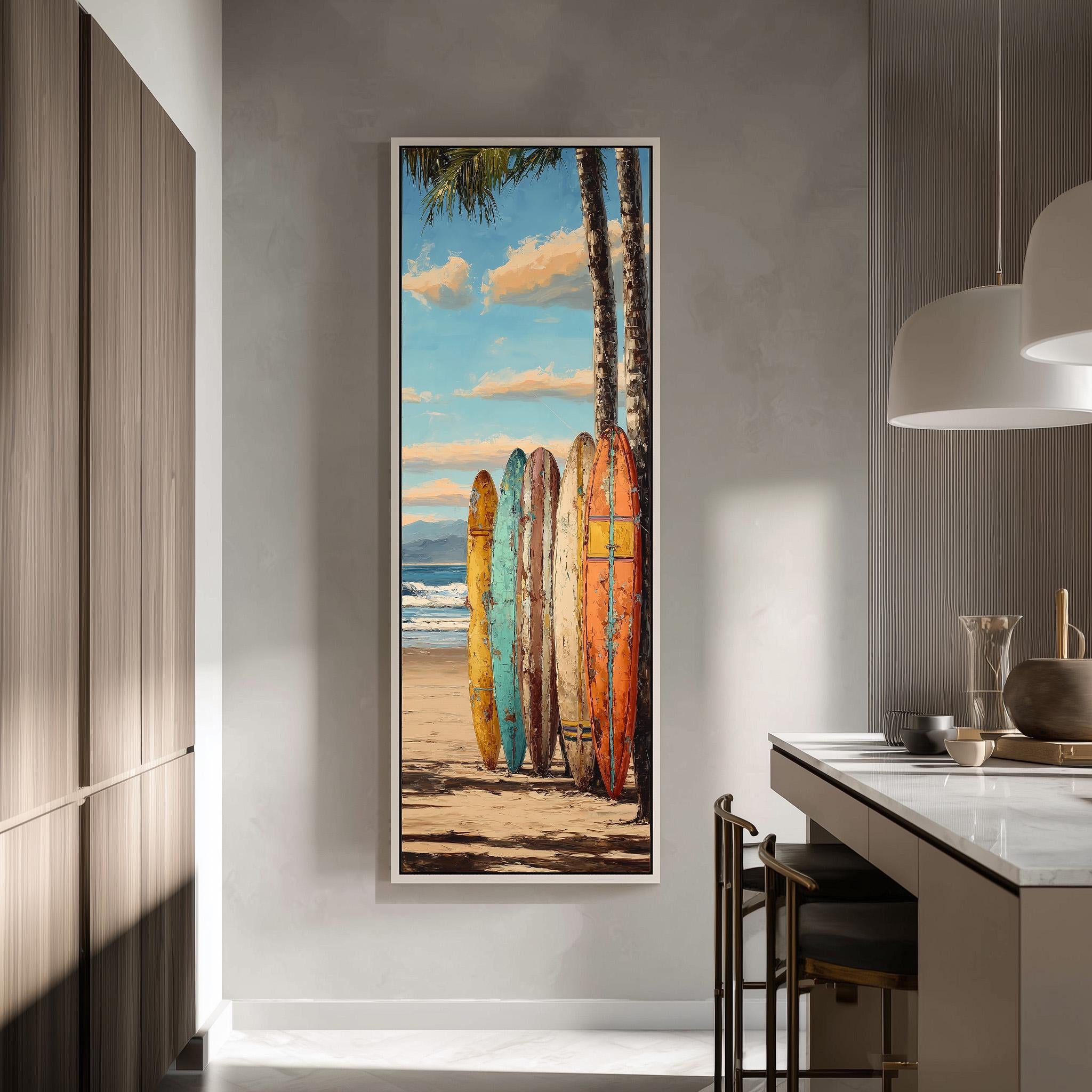 a large framed painting of a beach scene with surfboards leaning against a palm tree.
