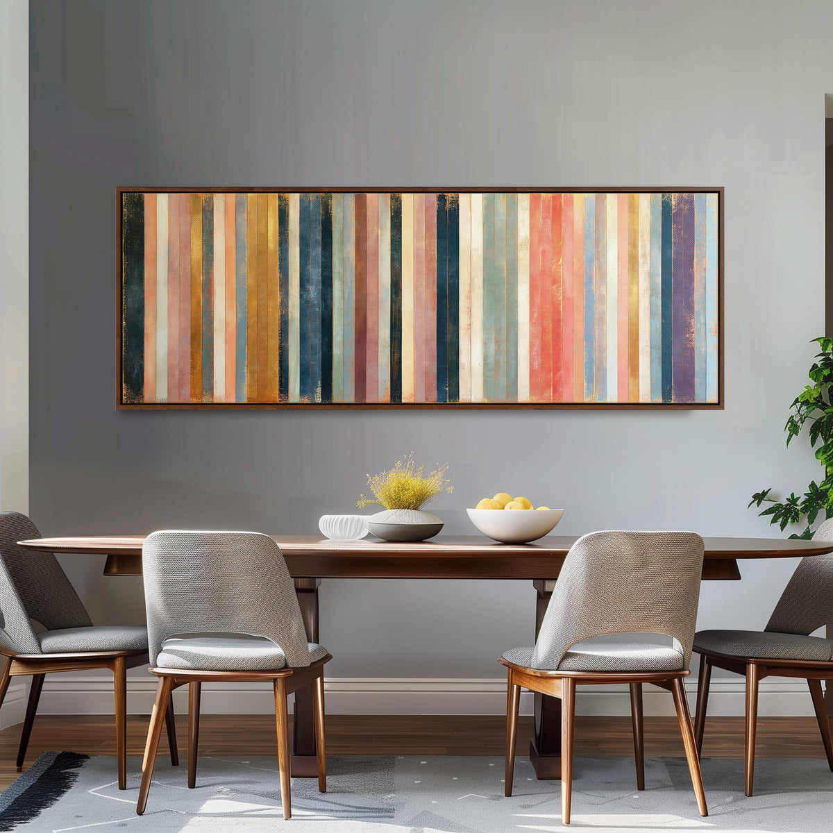Blush, navy and gold gilded stripes long horizontal canvas print above a dining table