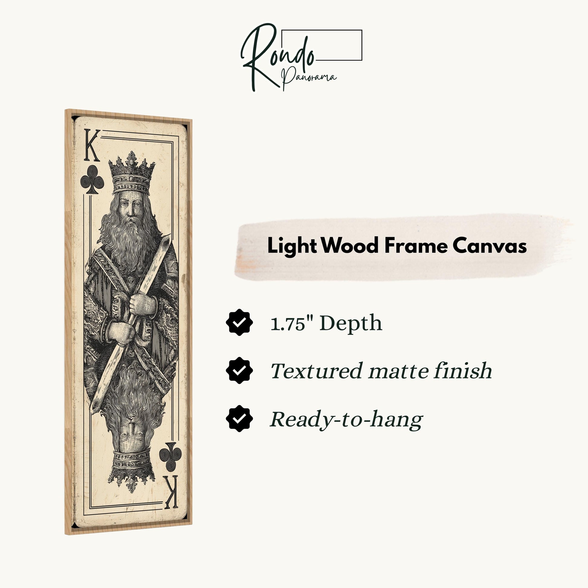 a wooden frame canvas depicting a king of clubs, with a text box providing details about the frame.