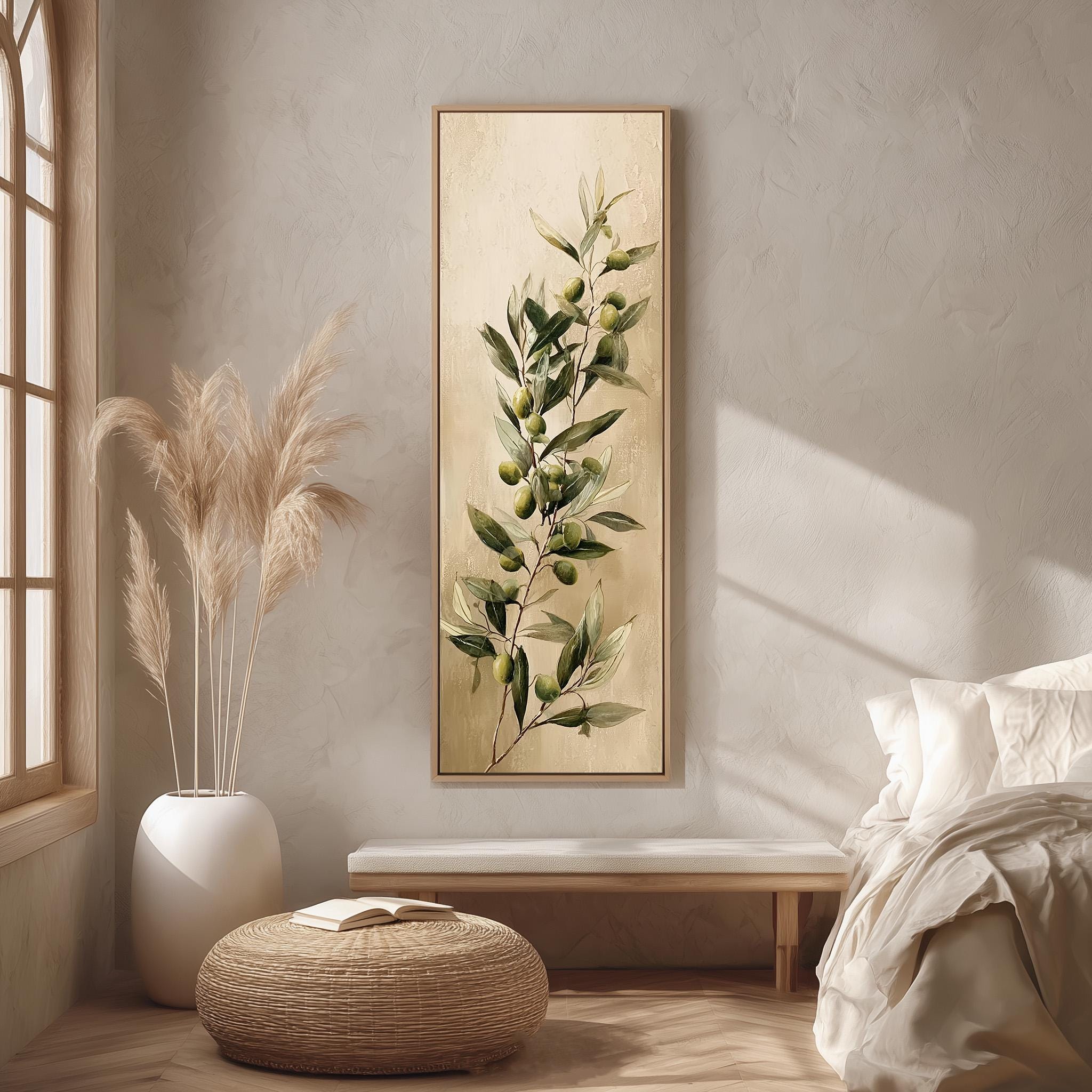 a serene and minimalist bedroom with a large painting of an olive tree hanging on the wall. The room is adorned with a large window, a white bed, a woven ottoman, and a potted plant.