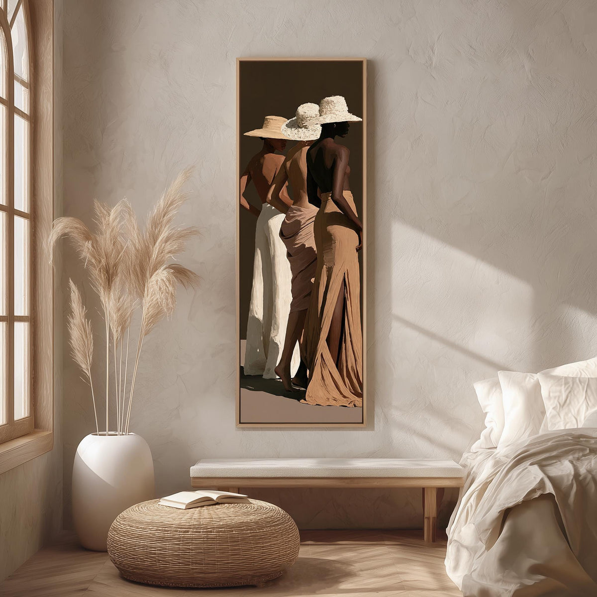 Three women in sun hats and evening gowns long vertical canvas print in a bright reading corner