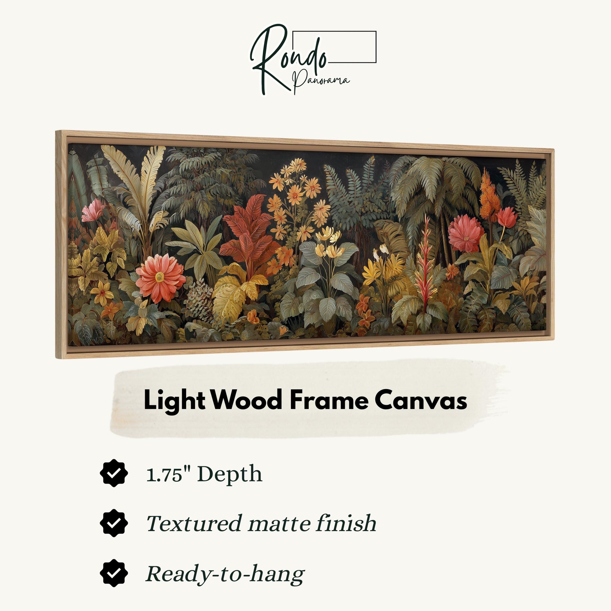 The image is a framed artwork depicting a lush, tropical garden scene with various plants and flowers.