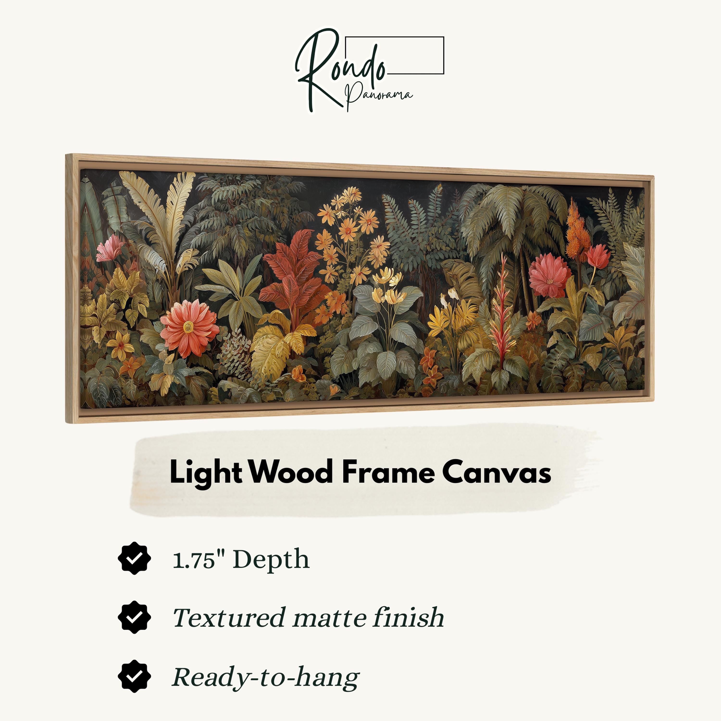 The image is a framed artwork depicting a lush, tropical garden scene with various plants and flowers.